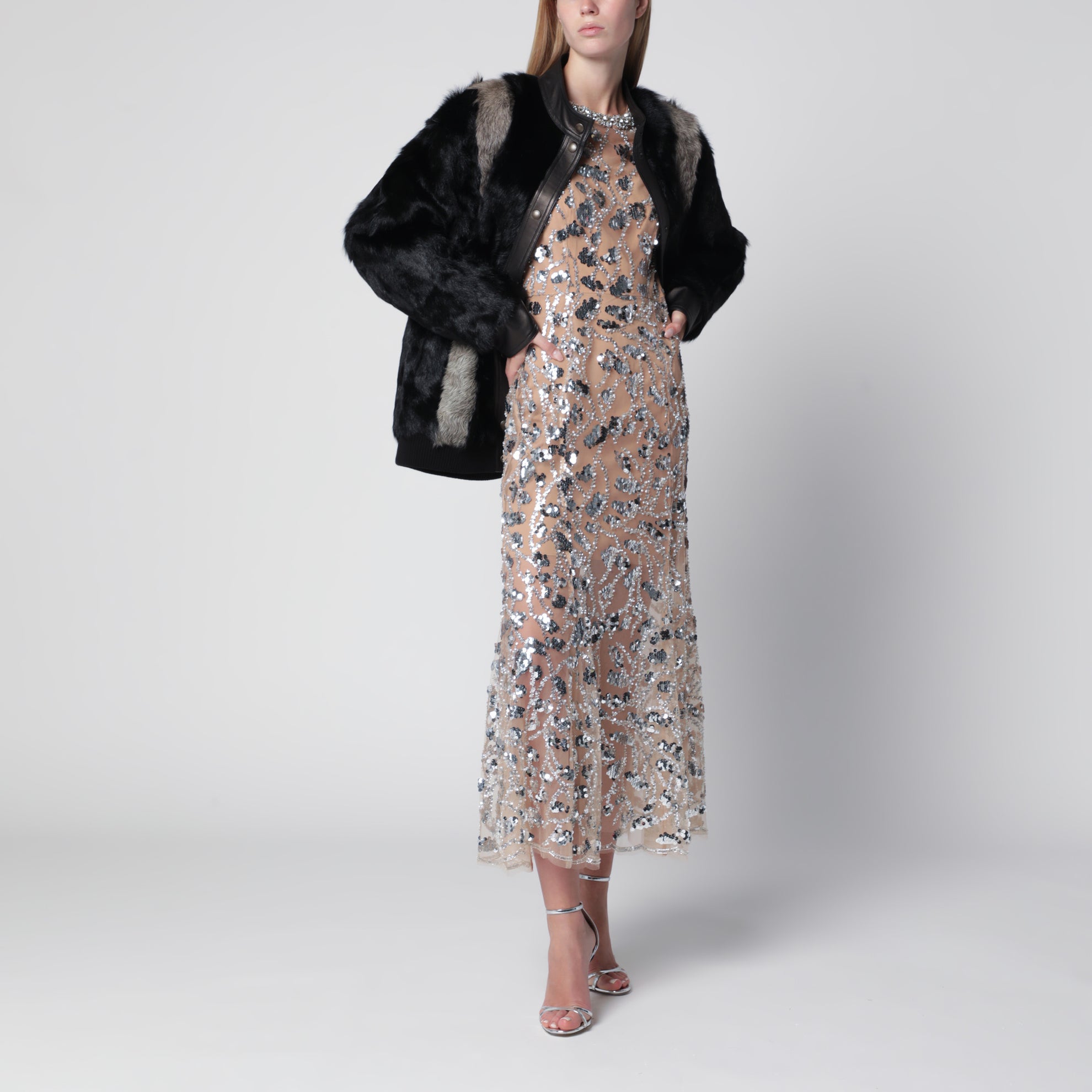 Veste en shearling et cuir noir/gris