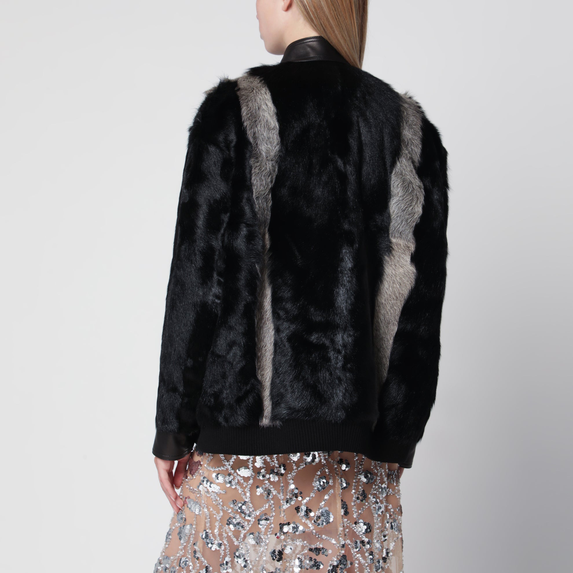Veste en shearling et cuir noir/gris