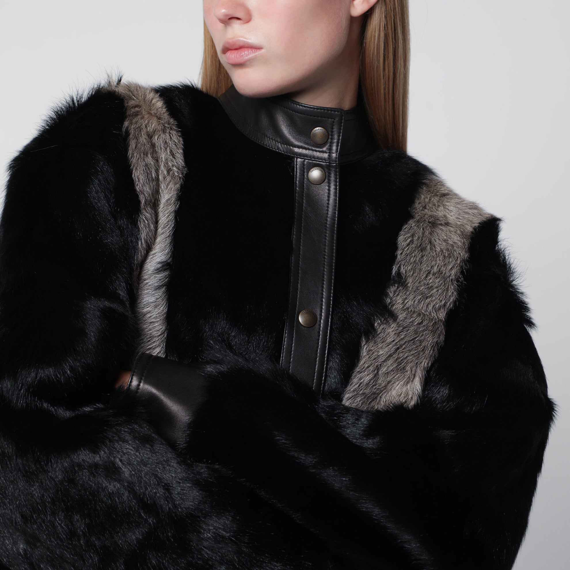 Veste en shearling et cuir noir/gris
