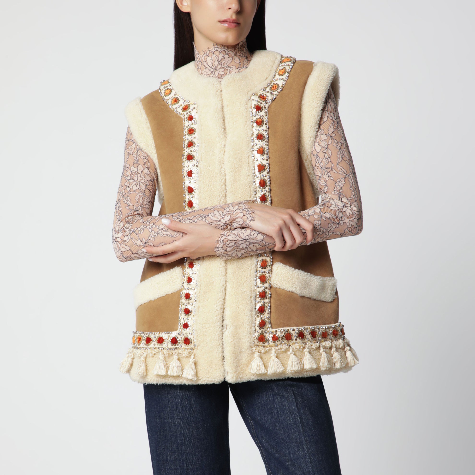 Camel shearling and suede vest