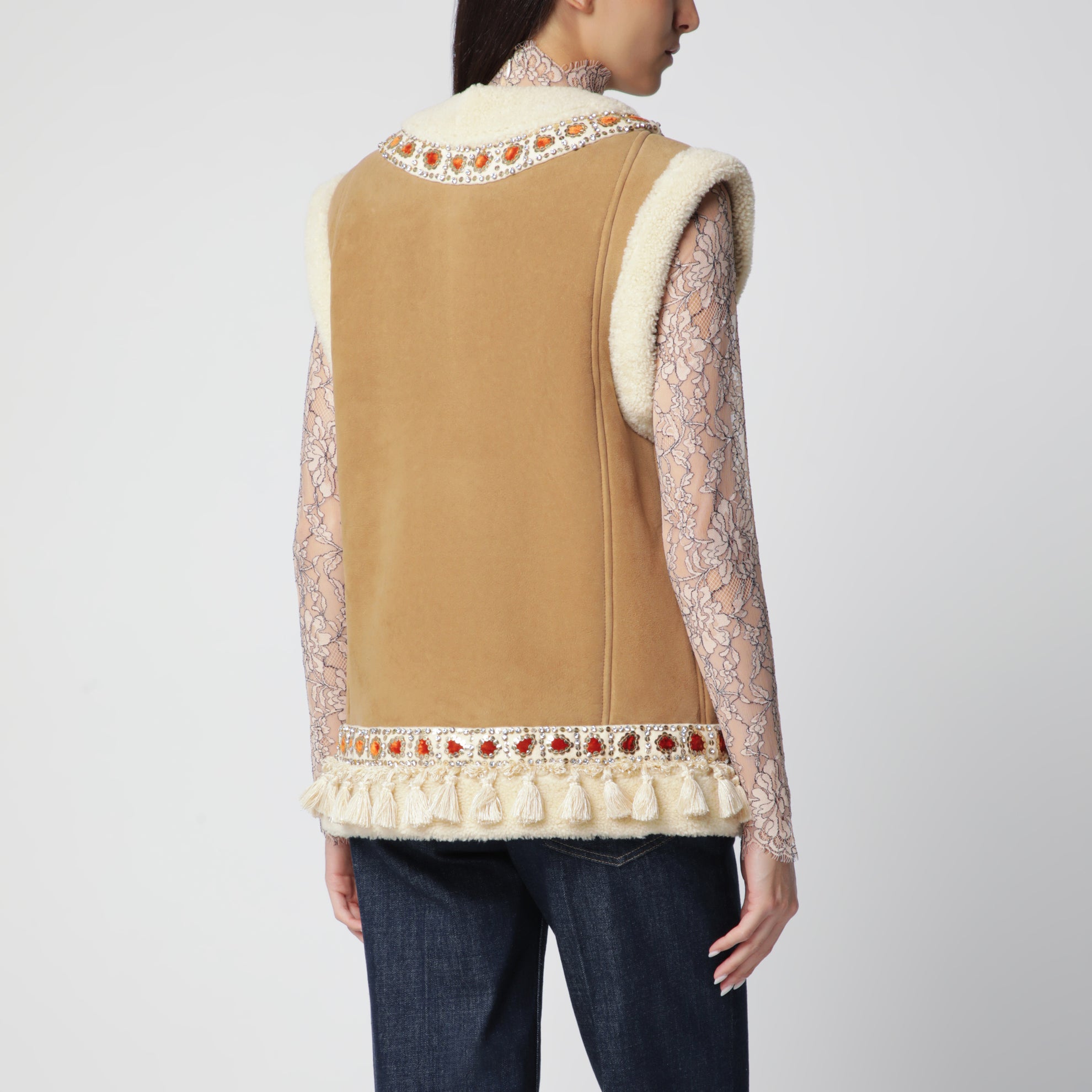 Camel shearling and suede vest