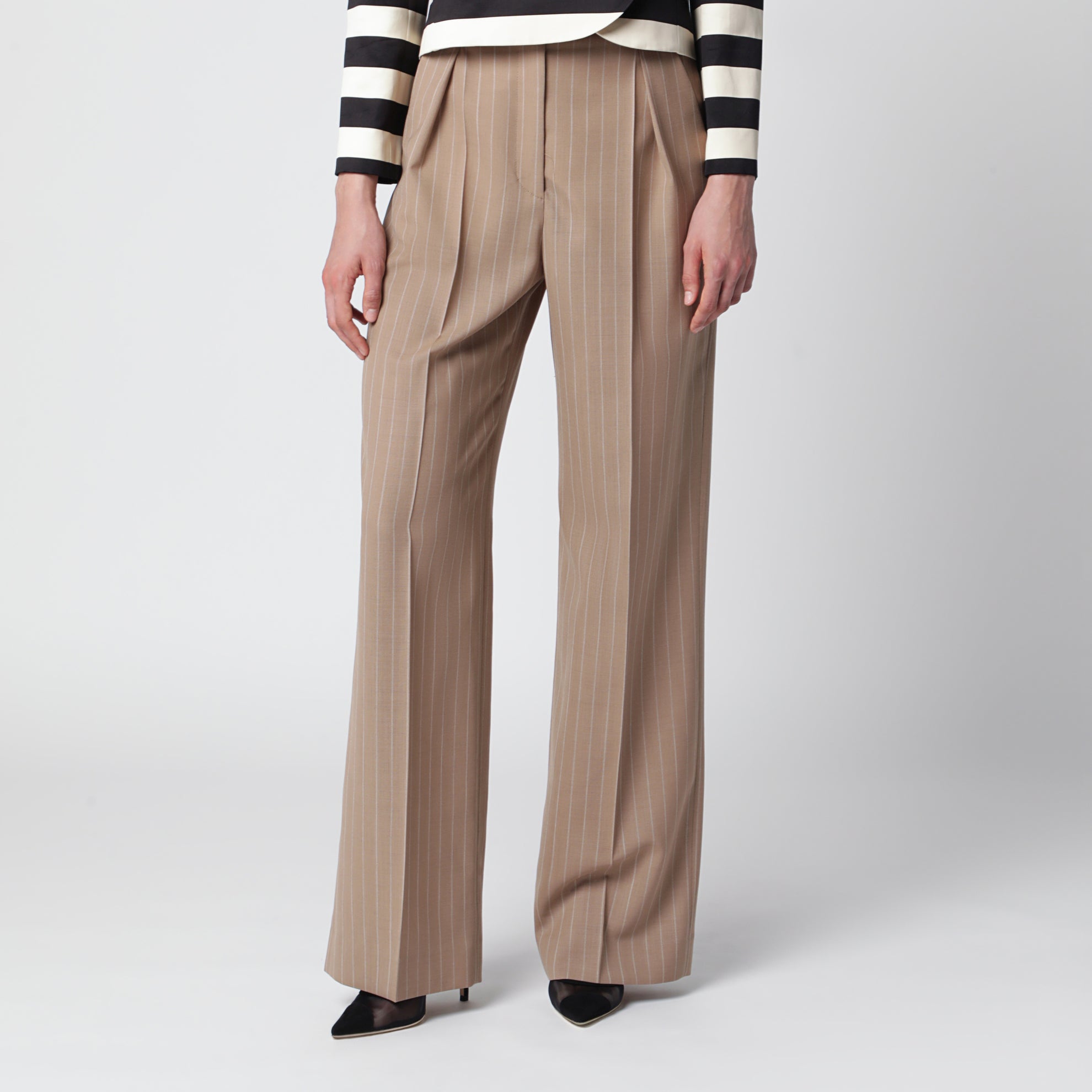 Pantalone color fango gessato in lana