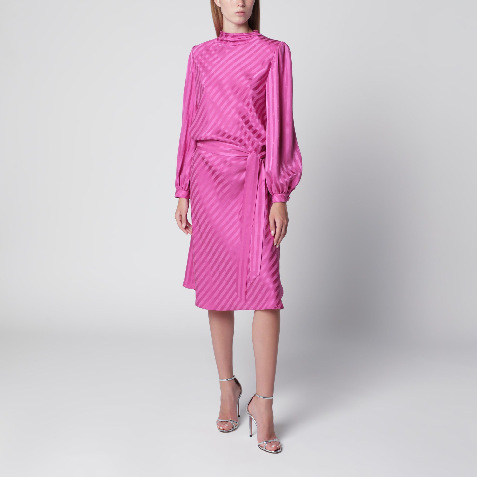 Robe midi en jacquard de soie fuchsia