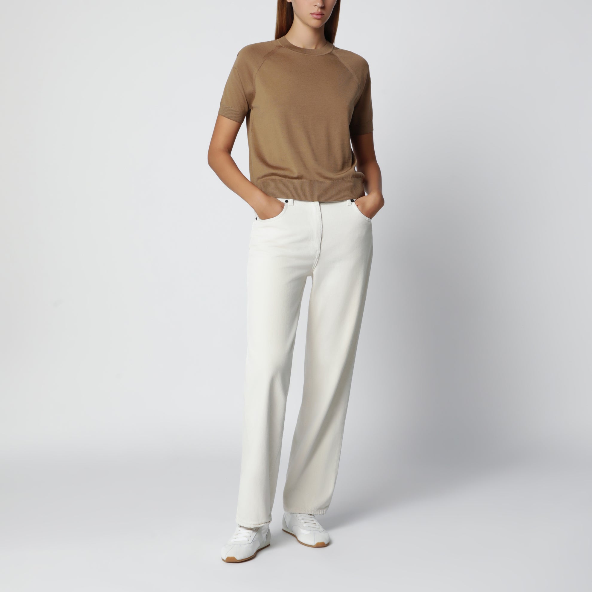 Beige wool sweater with logo patch