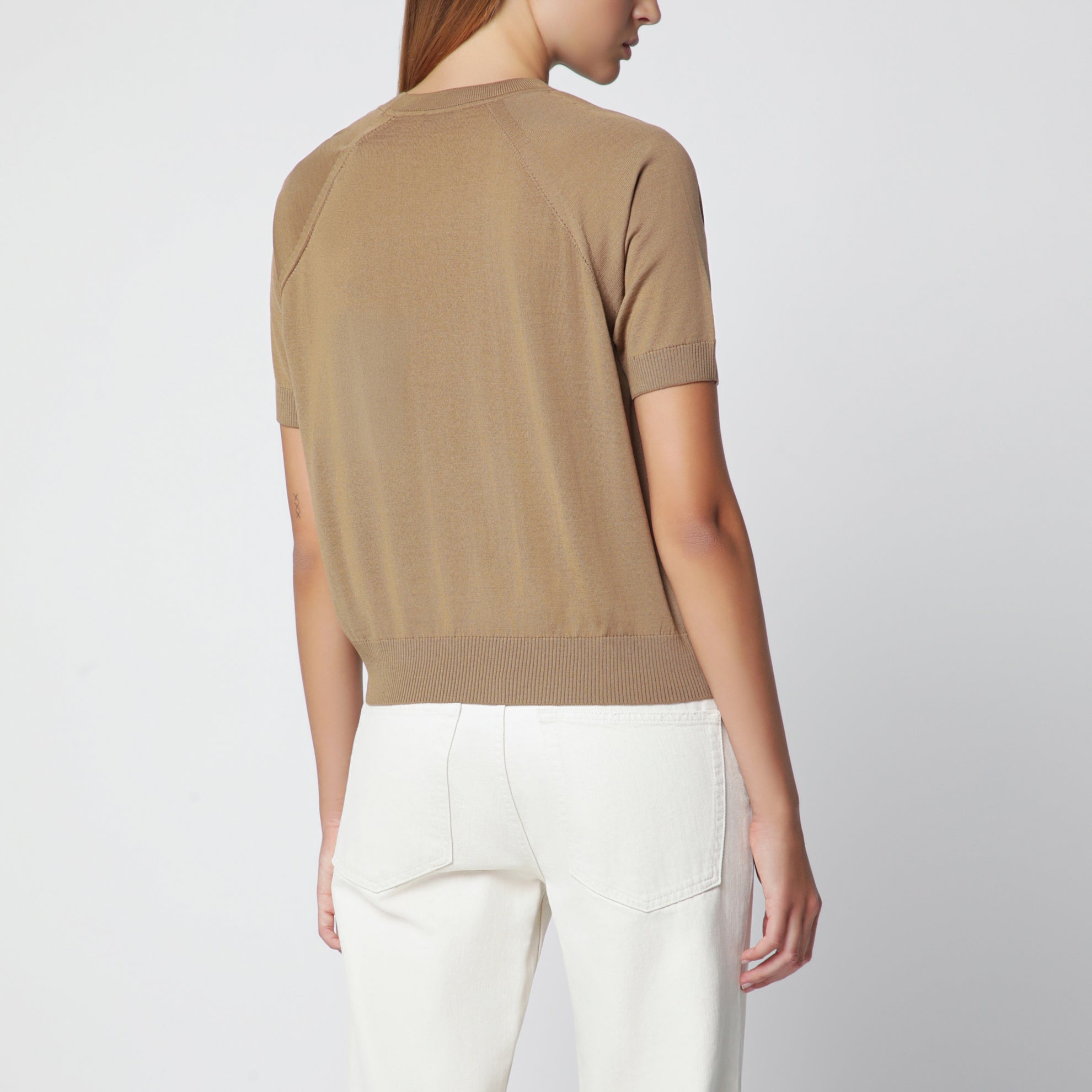 Beige wool sweater with logo patch