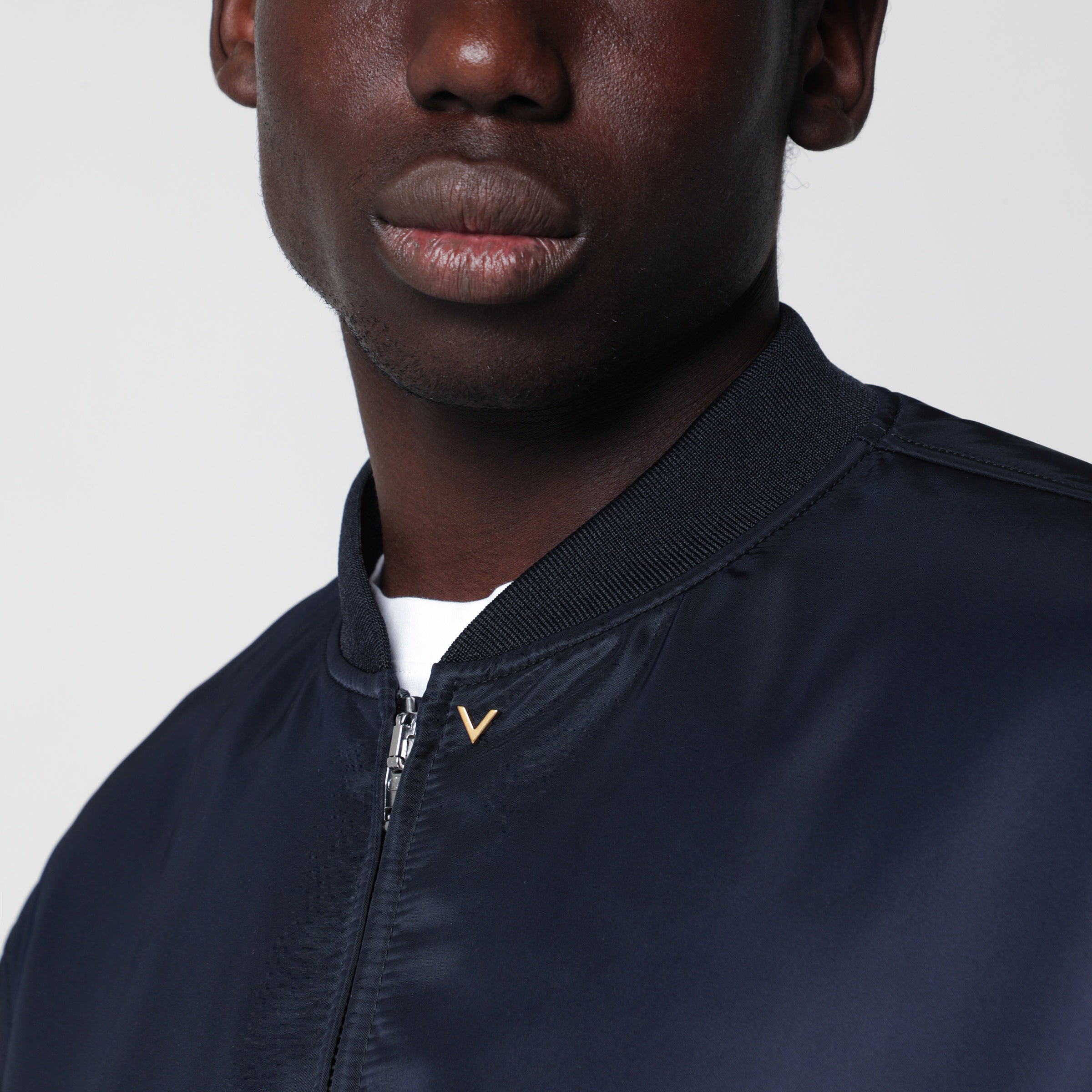 Valentino Shiny navy blue zip-up bomber jacket with Vlogo | TheDoubleF