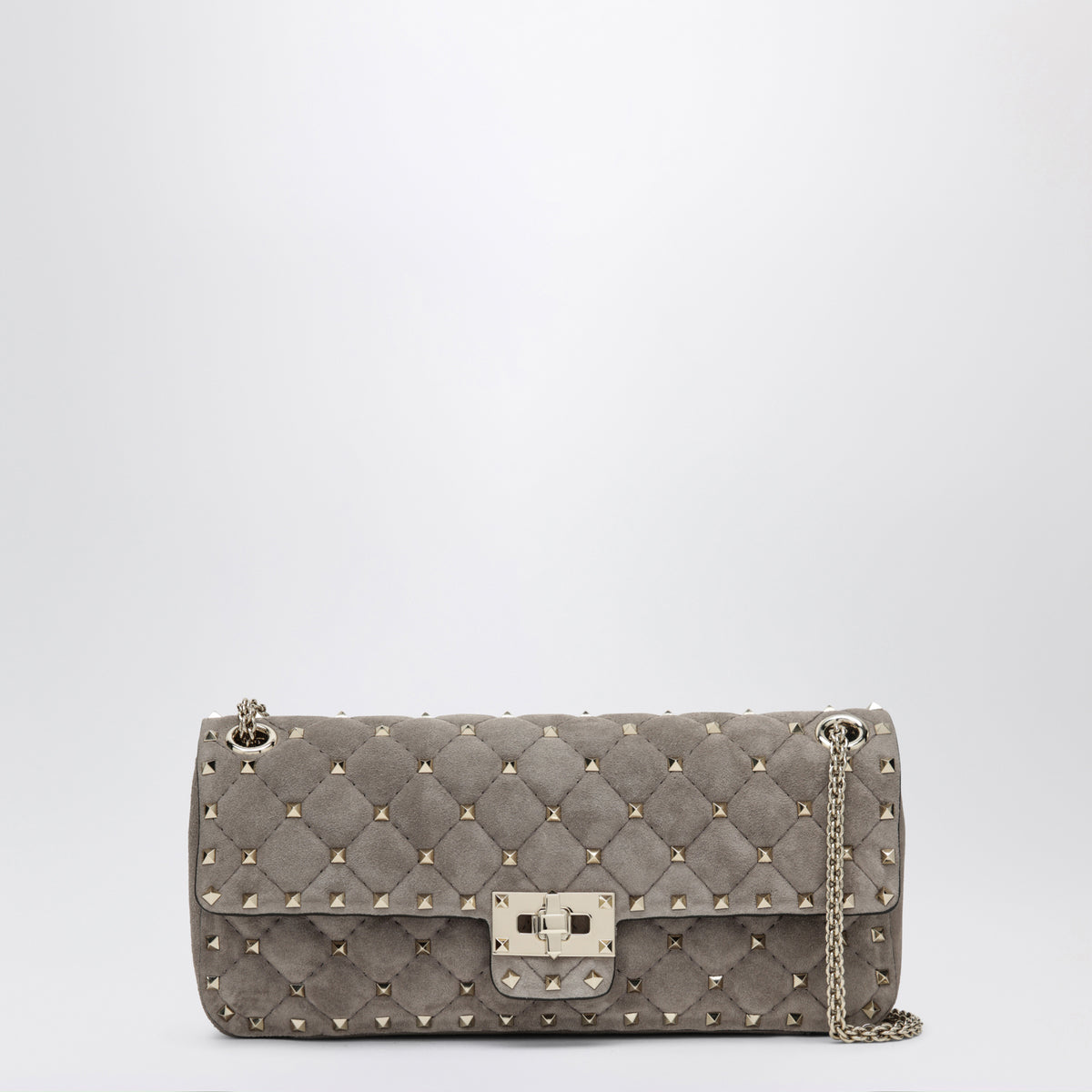 Mittelgroße Schultertasche Rockstud Spike in Warm Grey aus Veloursleder