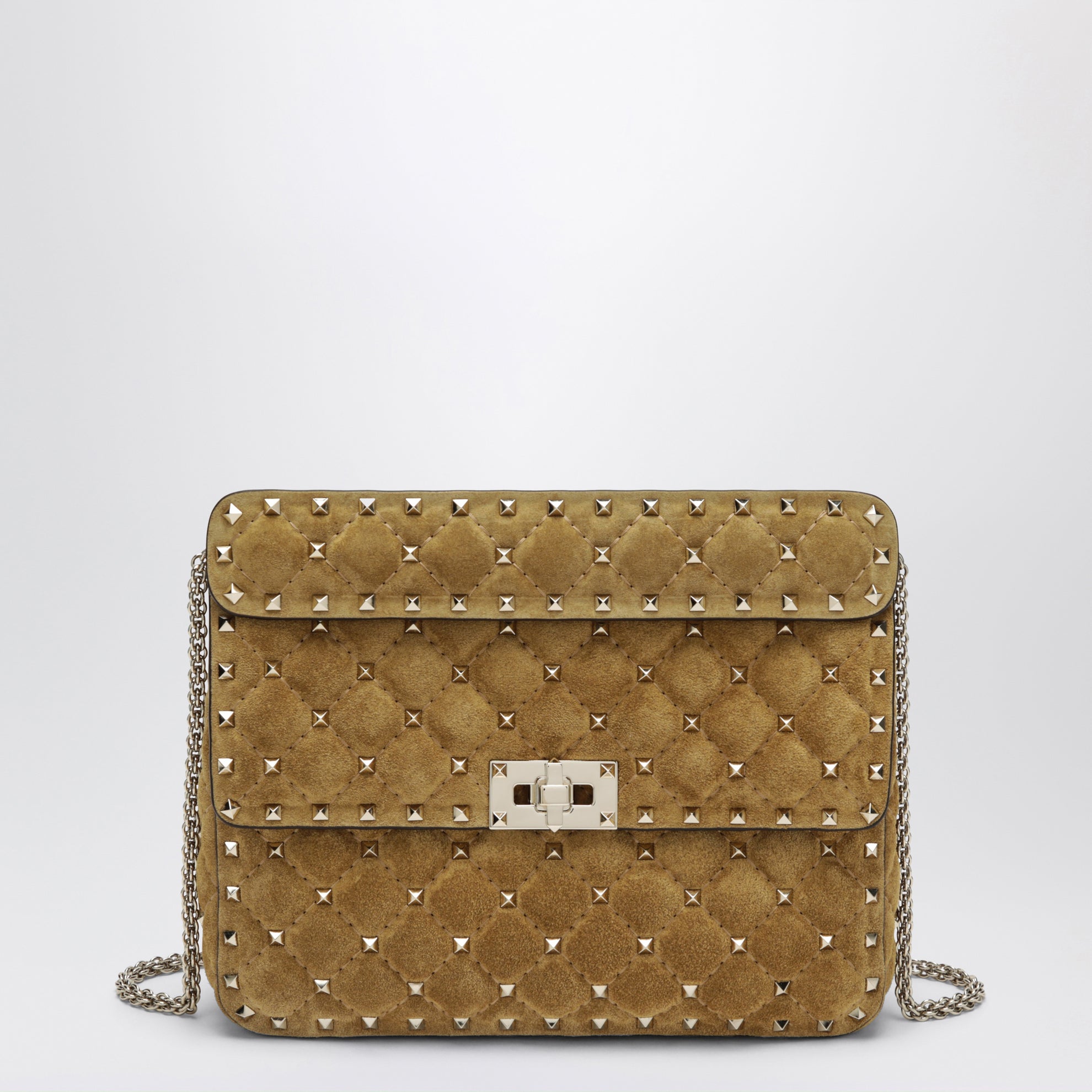 Medium Rockstud Spike havana beige suede bag