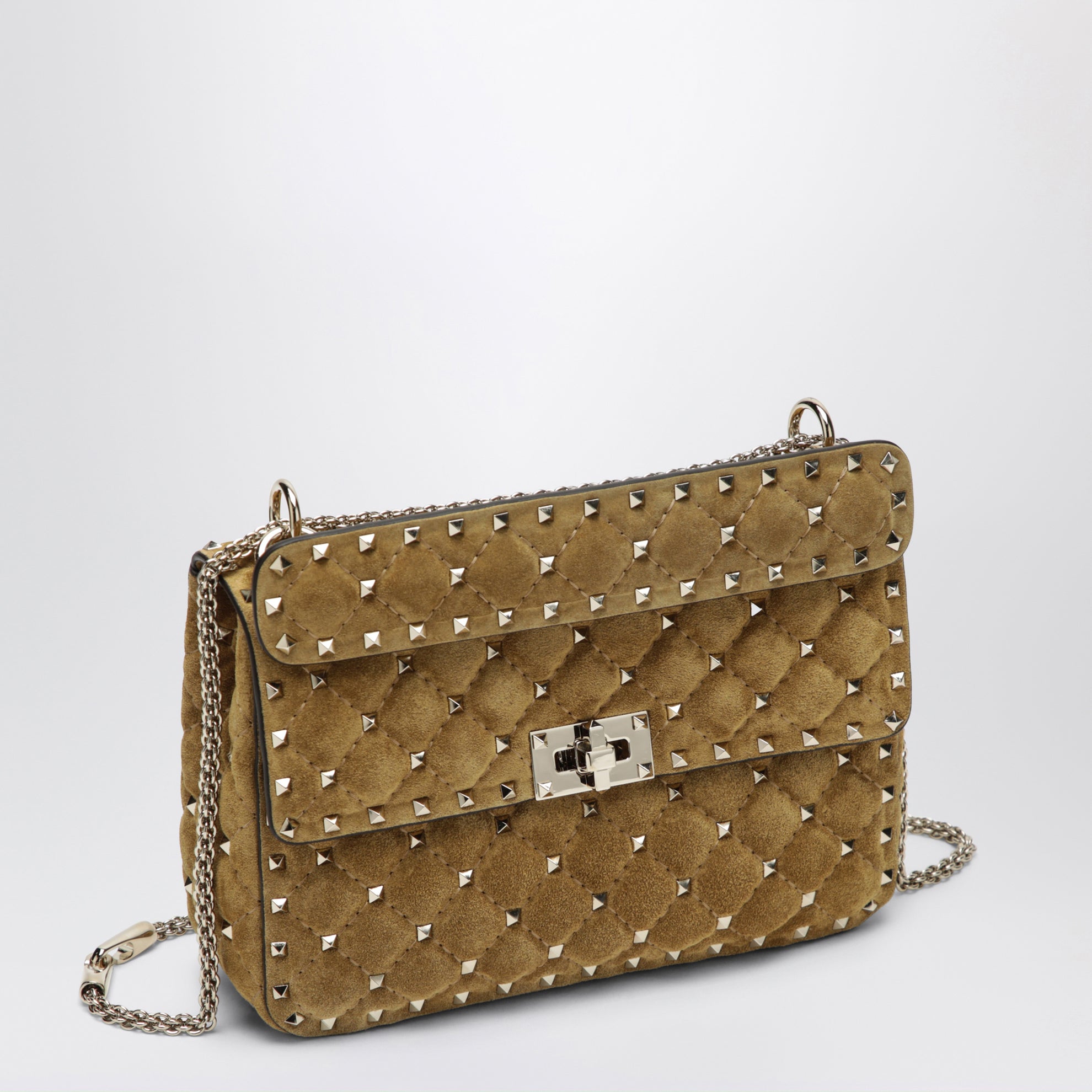Medium Rockstud Spike havana beige suede bag