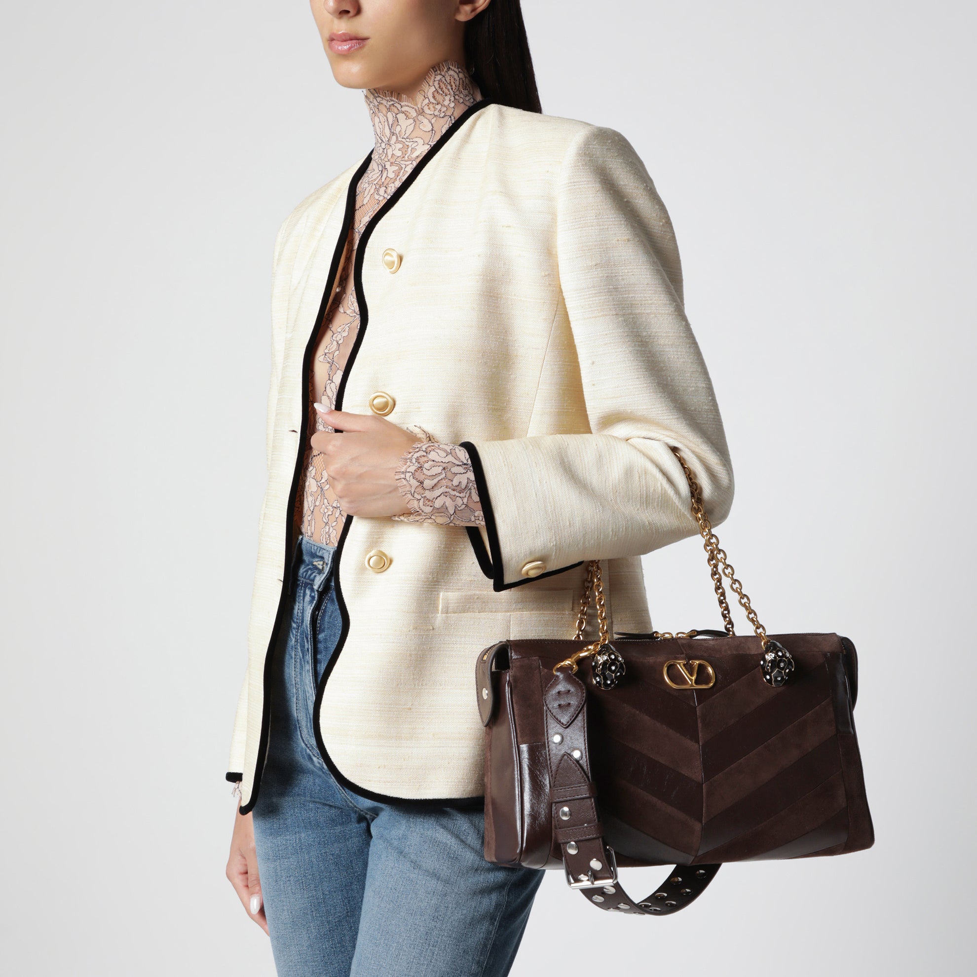 Medium Panthea shoulder bag in suede and nappa leather with Chevron pattern