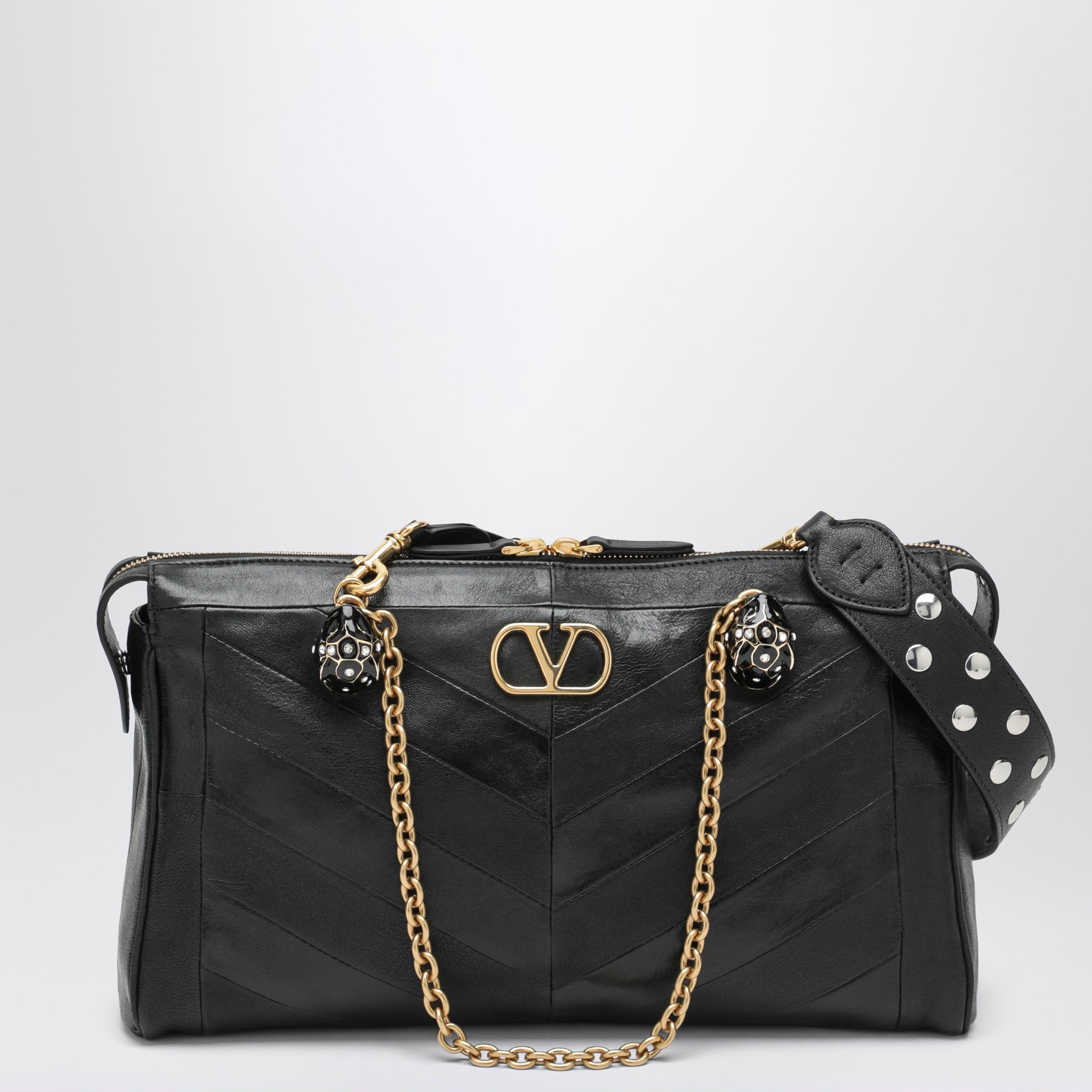 Panthea Chevron Bag in Black Leather