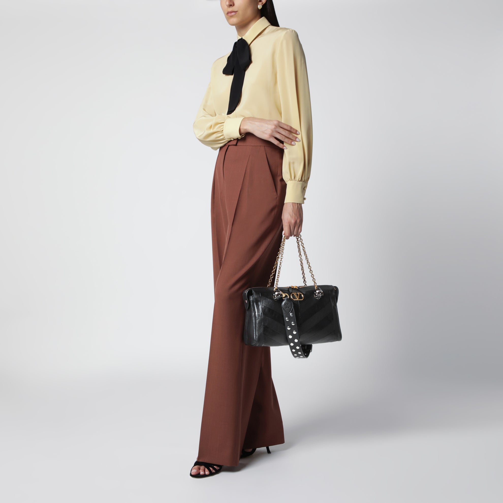 Panthea Chevron Bag in Black Leather