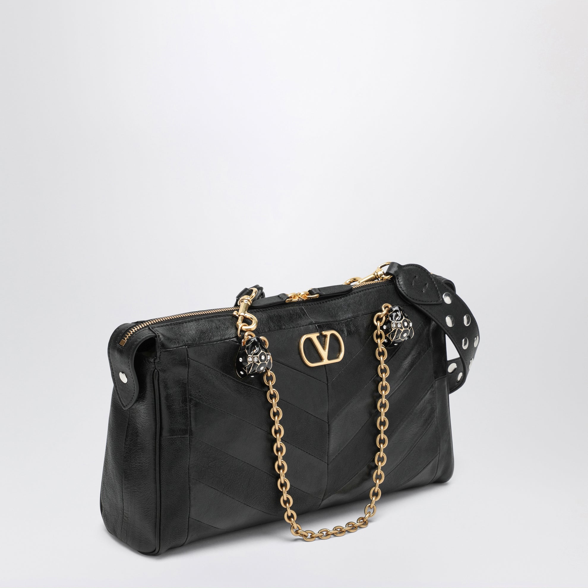 Panthea Chevron Bag in Black Leather