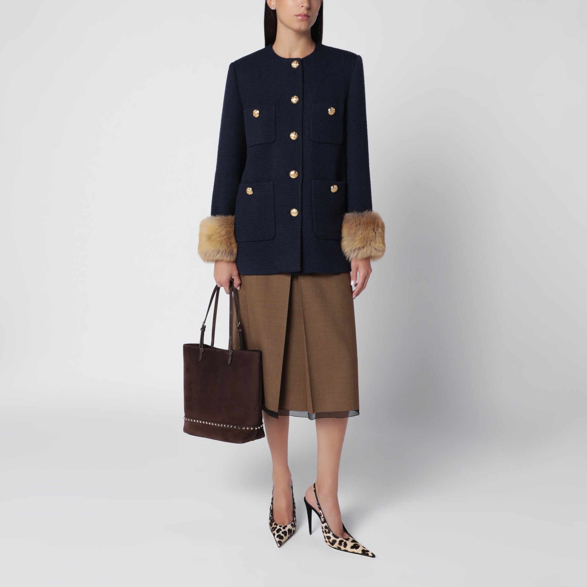 Sac cabas Rockstud moyen en daim marron ébène et noir