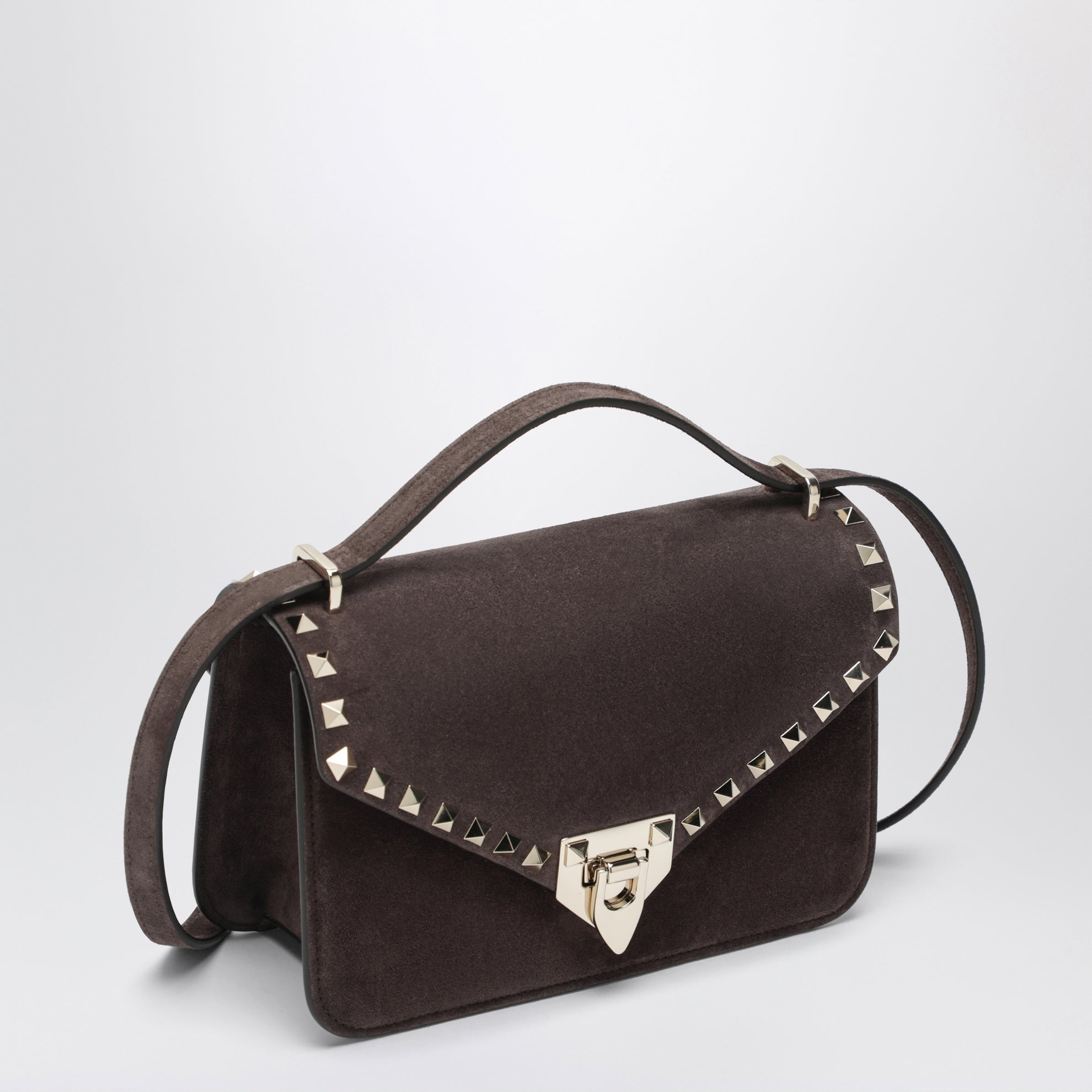 Small Rockstud crossbody bag in ebony brown suede