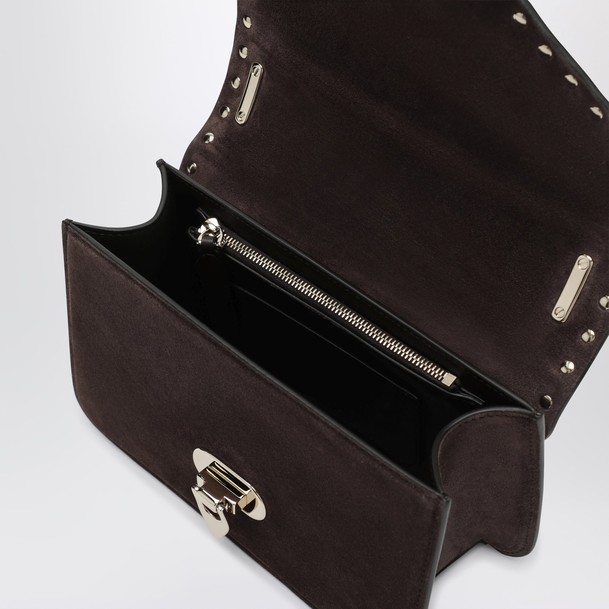 Small Rockstud crossbody bag in ebony brown suede