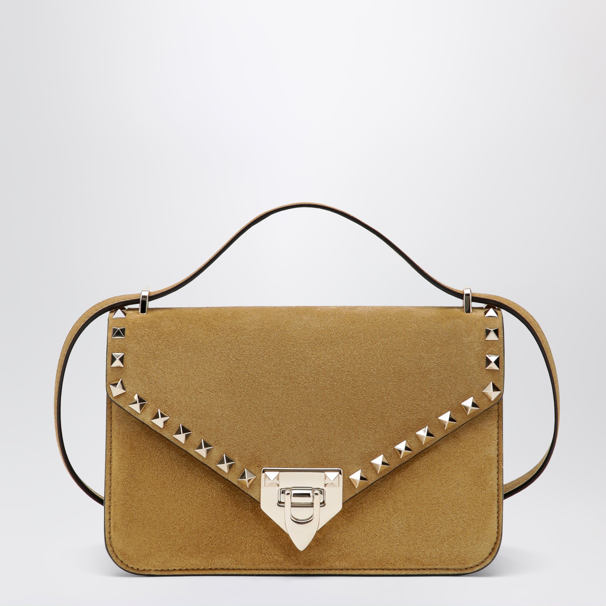 Borsa a tracolla piccola Rockstud havana beige in suede