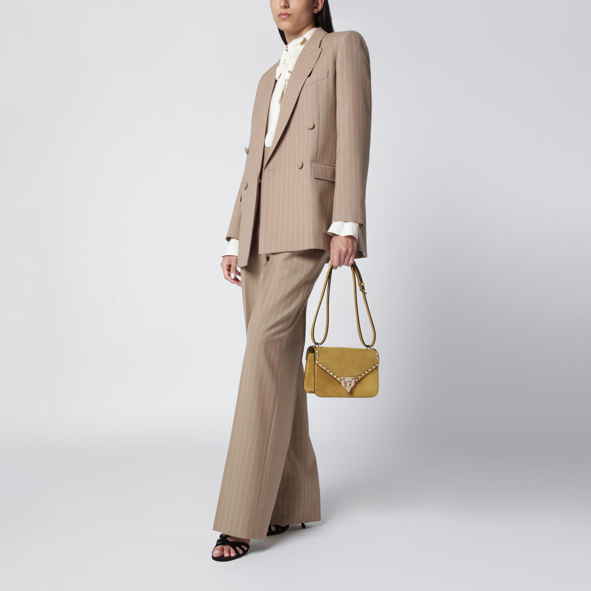 Borsa a tracolla piccola Rockstud havana beige in suede