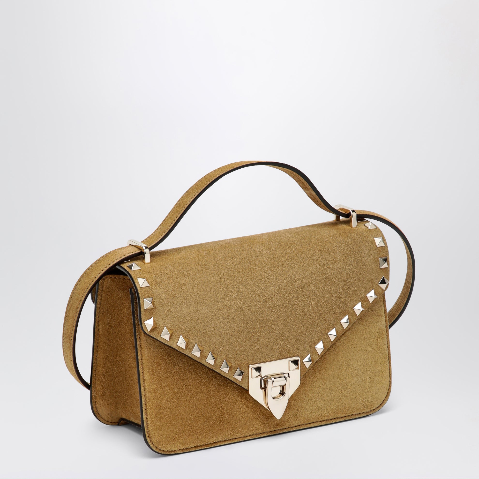 Borsa a tracolla piccola Rockstud havana beige in suede