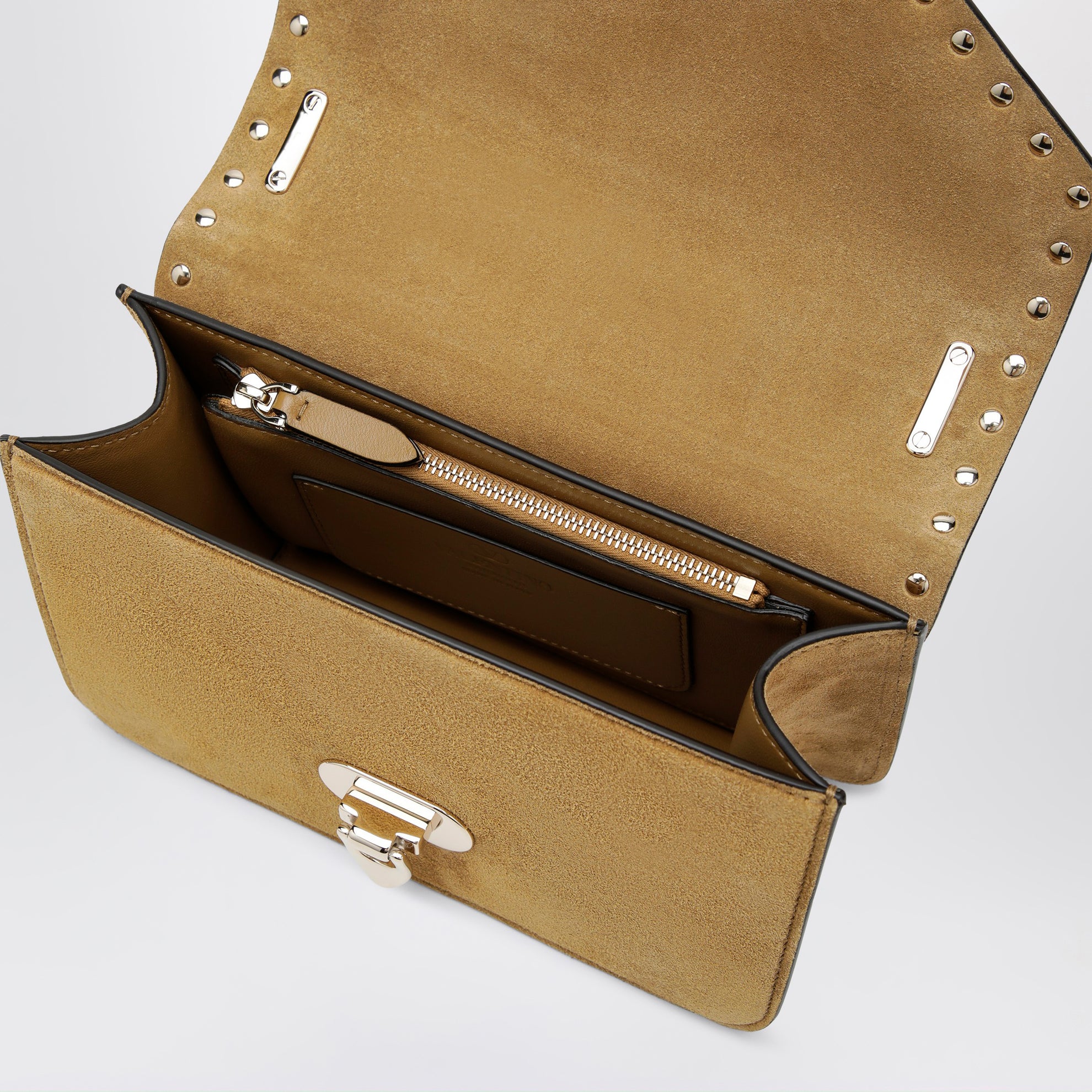 Borsa a tracolla piccola Rockstud havana beige in suede