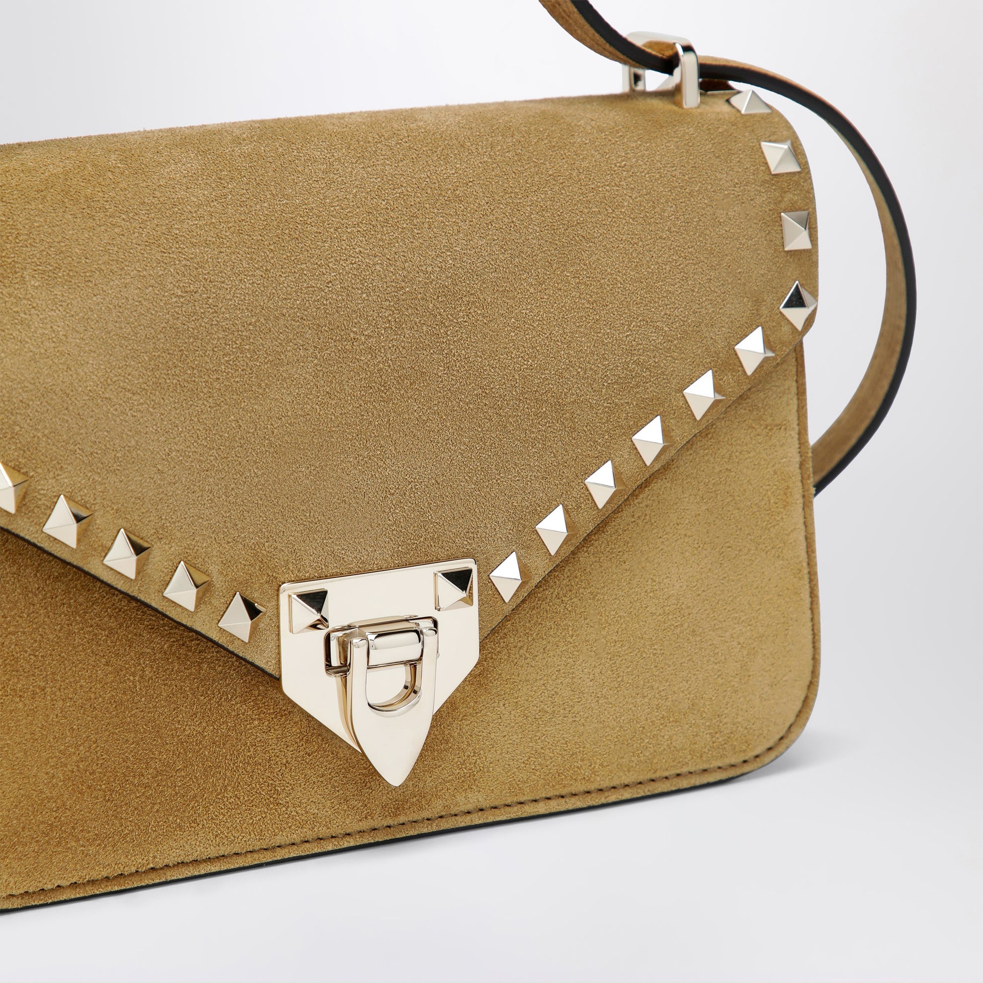 Borsa a tracolla piccola Rockstud havana beige in suede