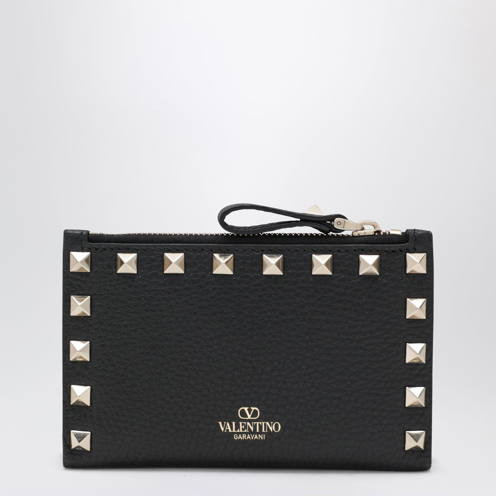 Porte-cartes zippé Rockstud en cuir noir