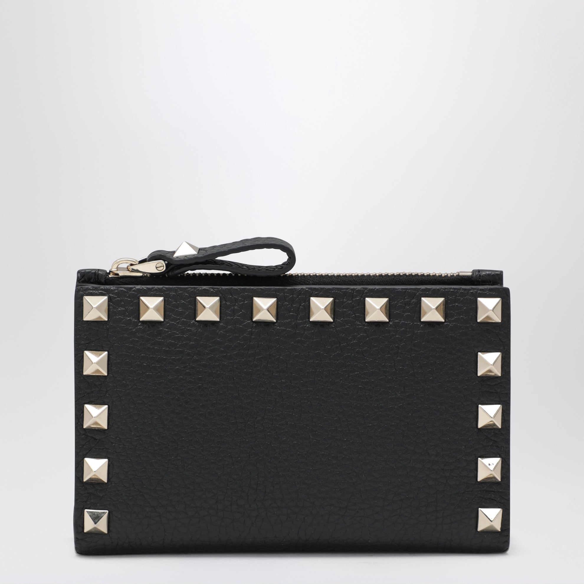 Porte-cartes zippé Rockstud en cuir noir