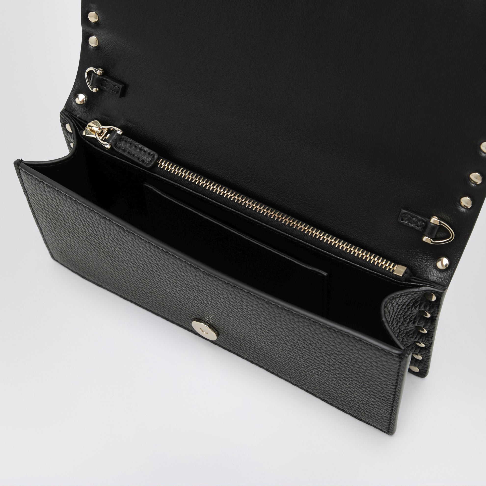 Black Rockstud Leather Wallet with Chain