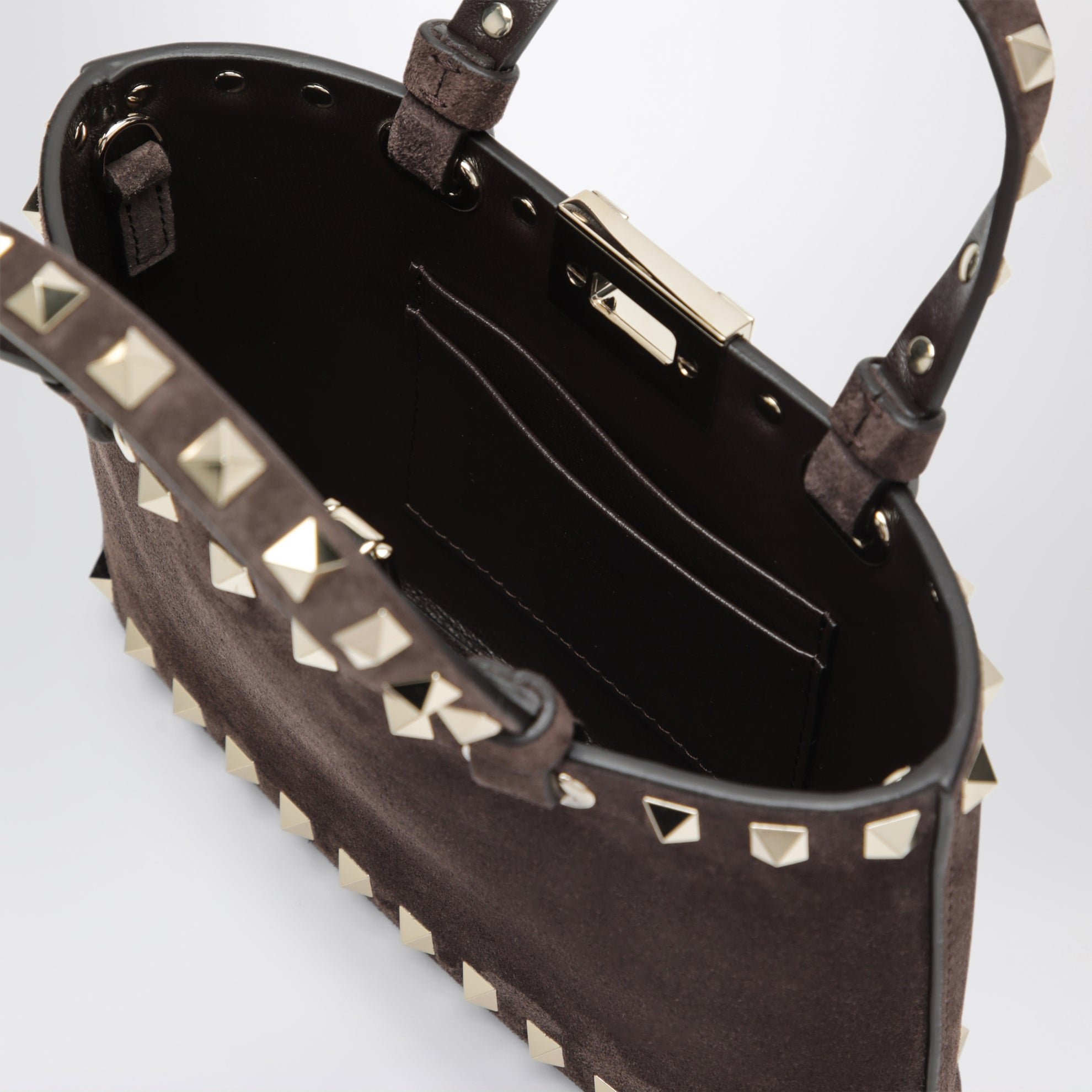 Mini borsa shopping Rockstud marrone in suede