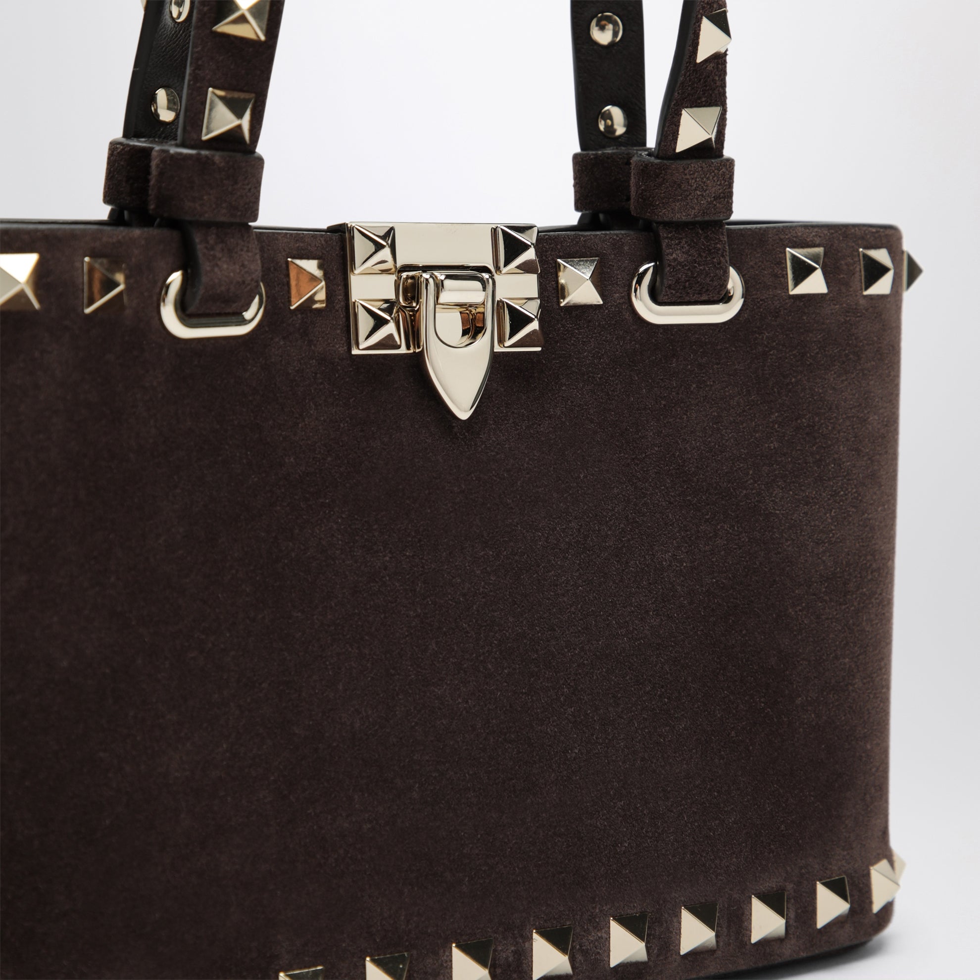 Mini borsa shopping Rockstud marrone in suede
