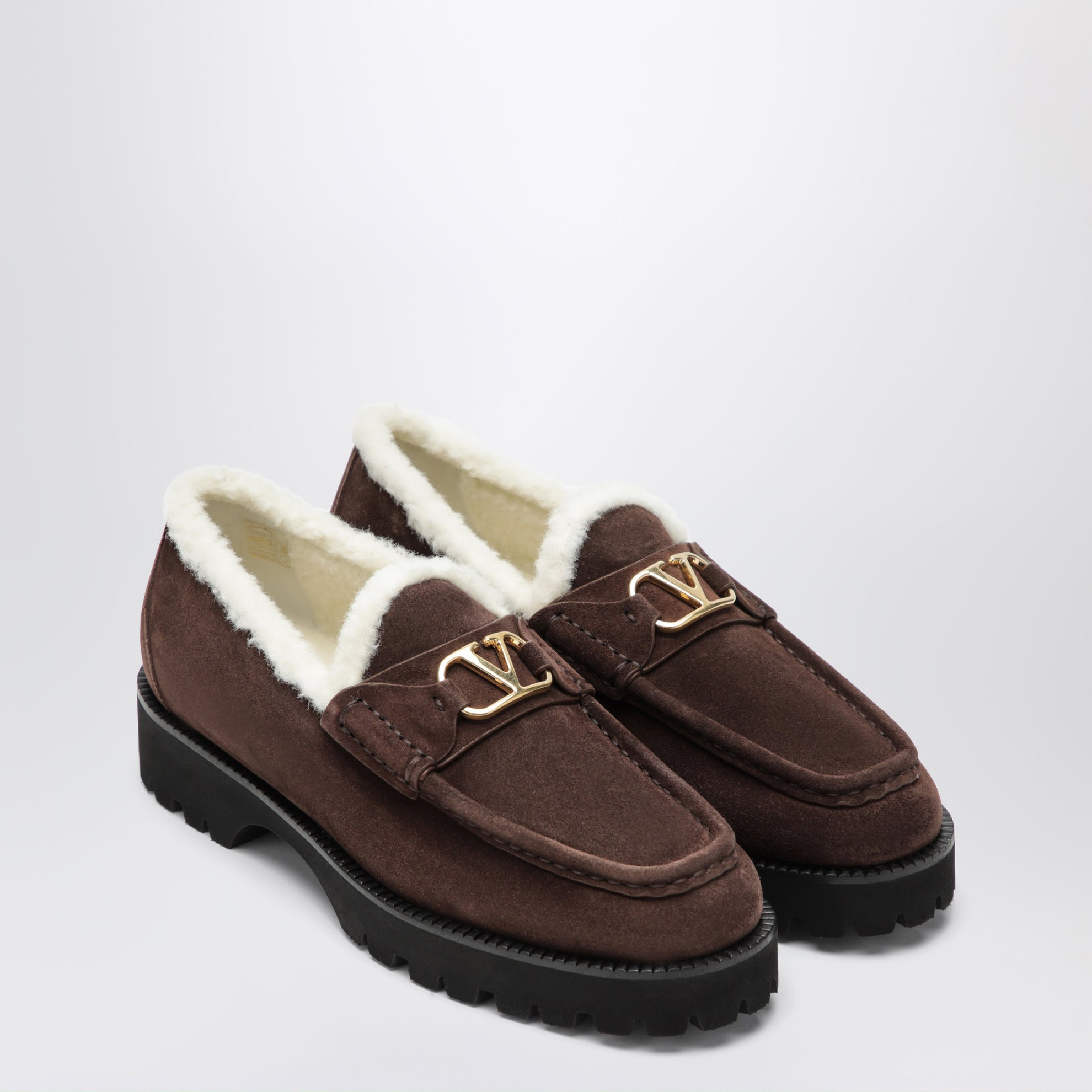 Mocassini VLogo marroni in suede con shearling