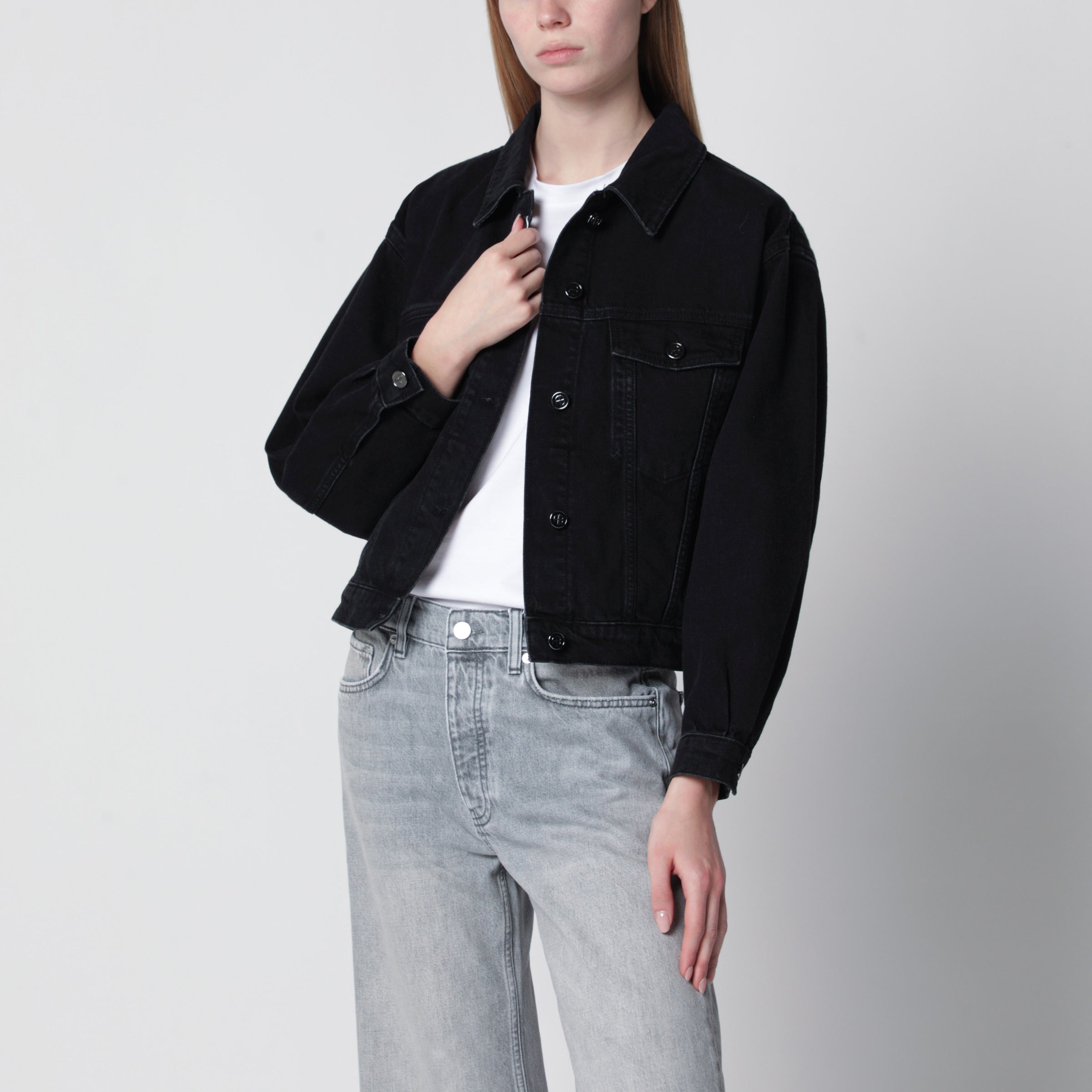 ANINE BING Quincy cropped black denim jacket in cotton | TheDoubleF