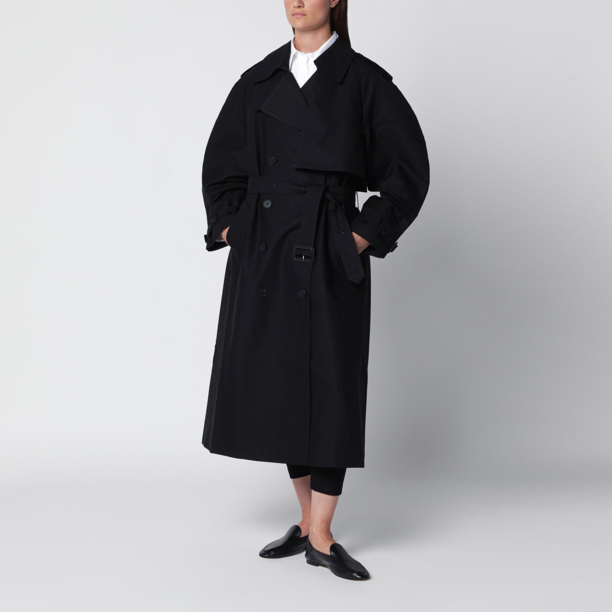 Pascale schwarzer Baumwoll-Maxi-Trenchcoat
