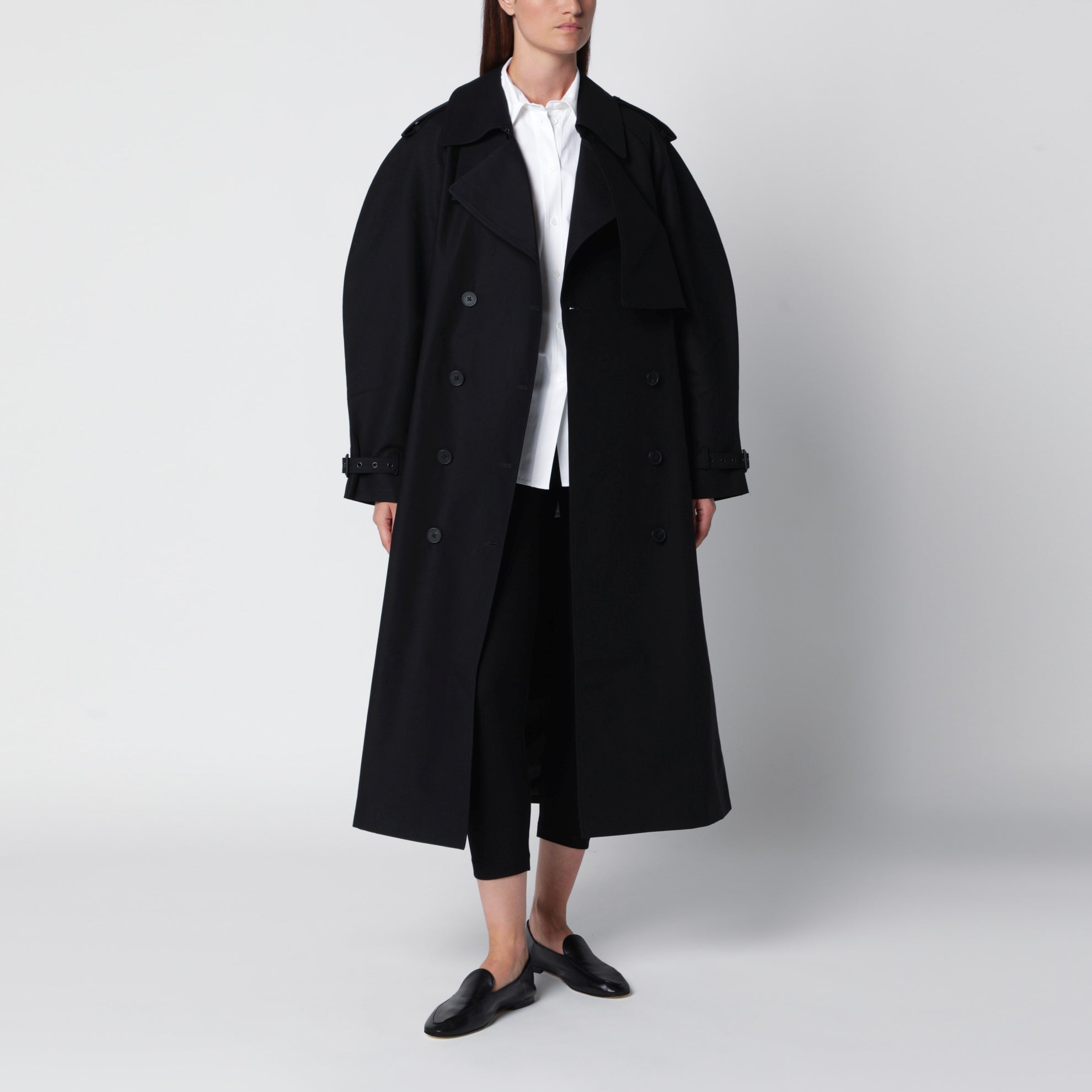 Pascale schwarzer Baumwoll-Maxi-Trenchcoat