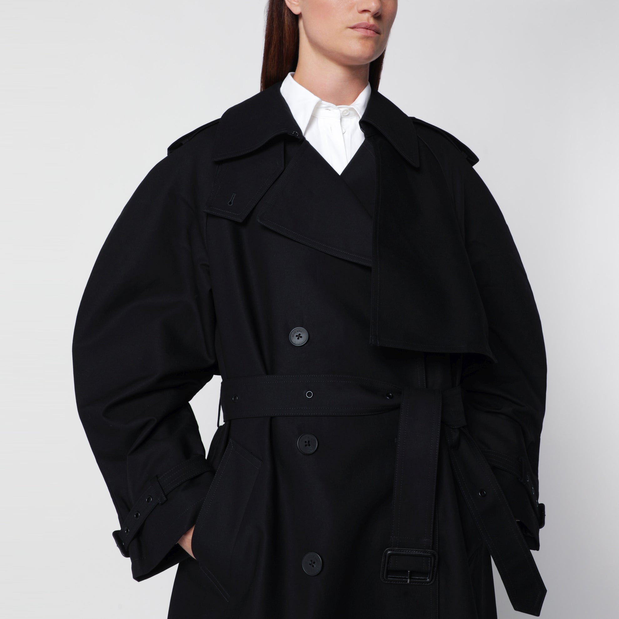Pascale schwarzer Baumwoll-Maxi-Trenchcoat