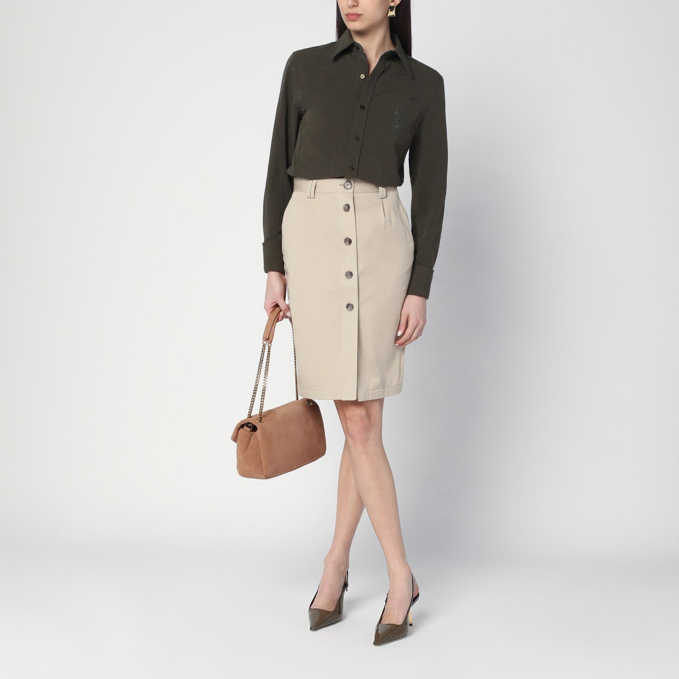 Beige buttoned pencil skirt
