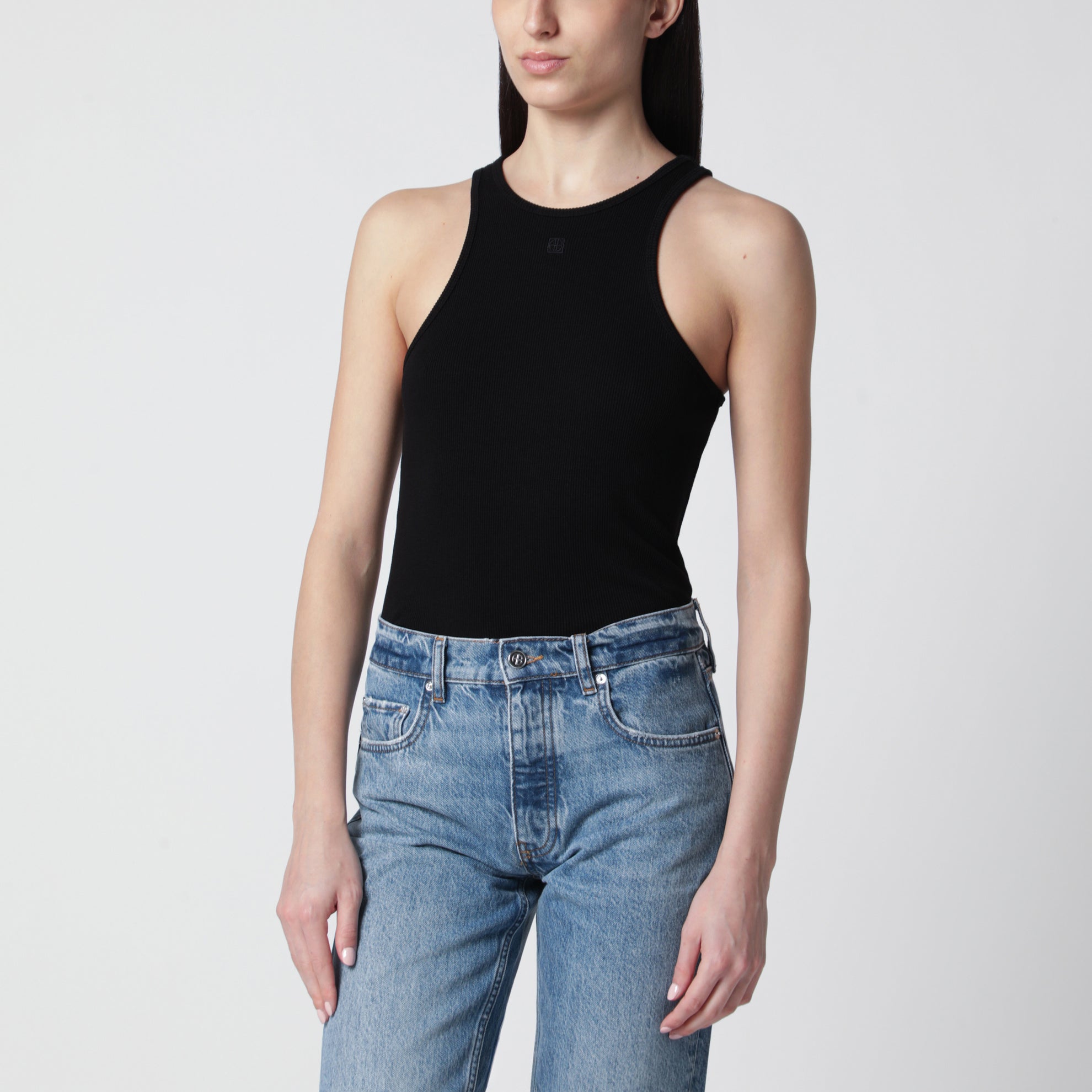 Black ribbed tank top with logo embroidery
