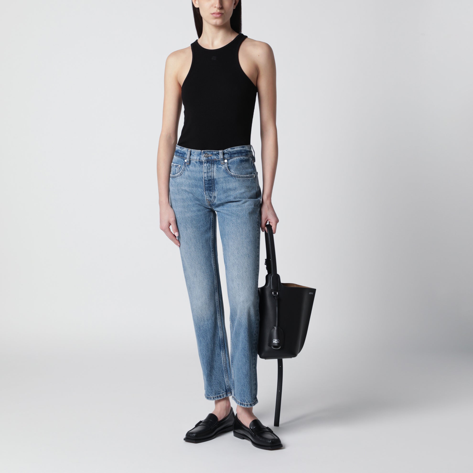 Black ribbed tank top with logo embroidery