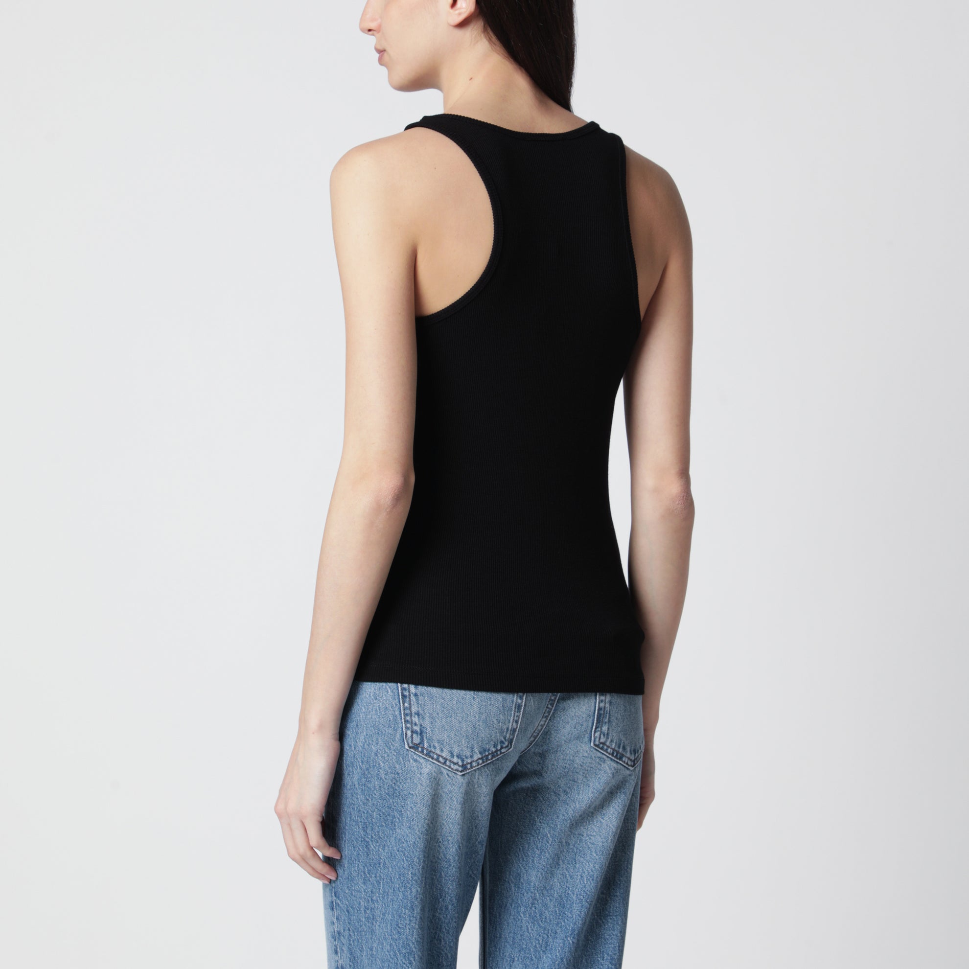 Black ribbed tank top with logo embroidery