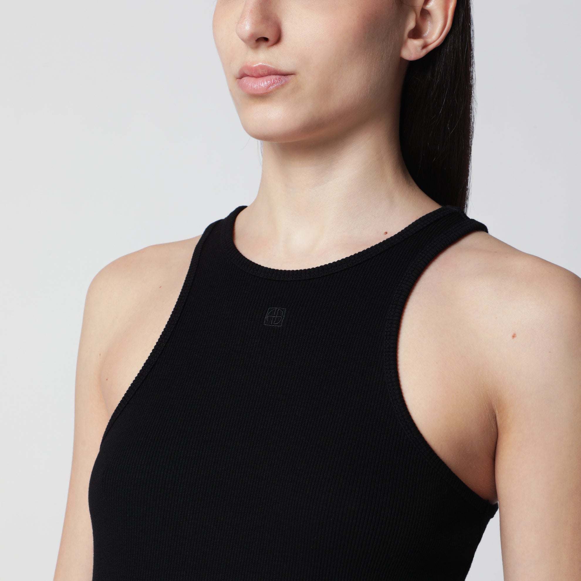 Black ribbed tank top with logo embroidery