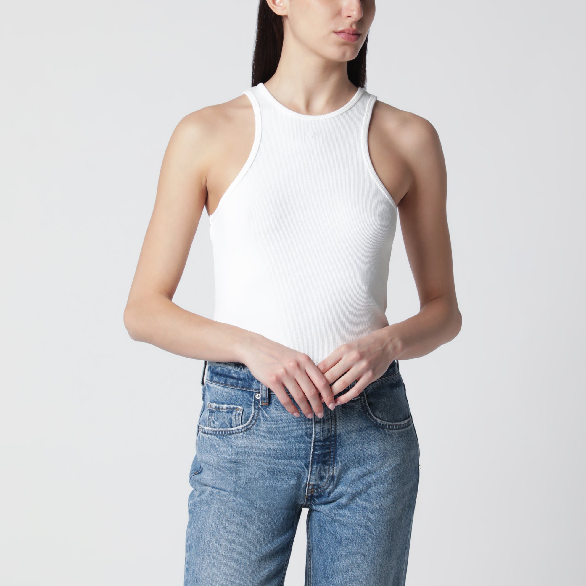 Cream ribbed tank top with logo embroidery