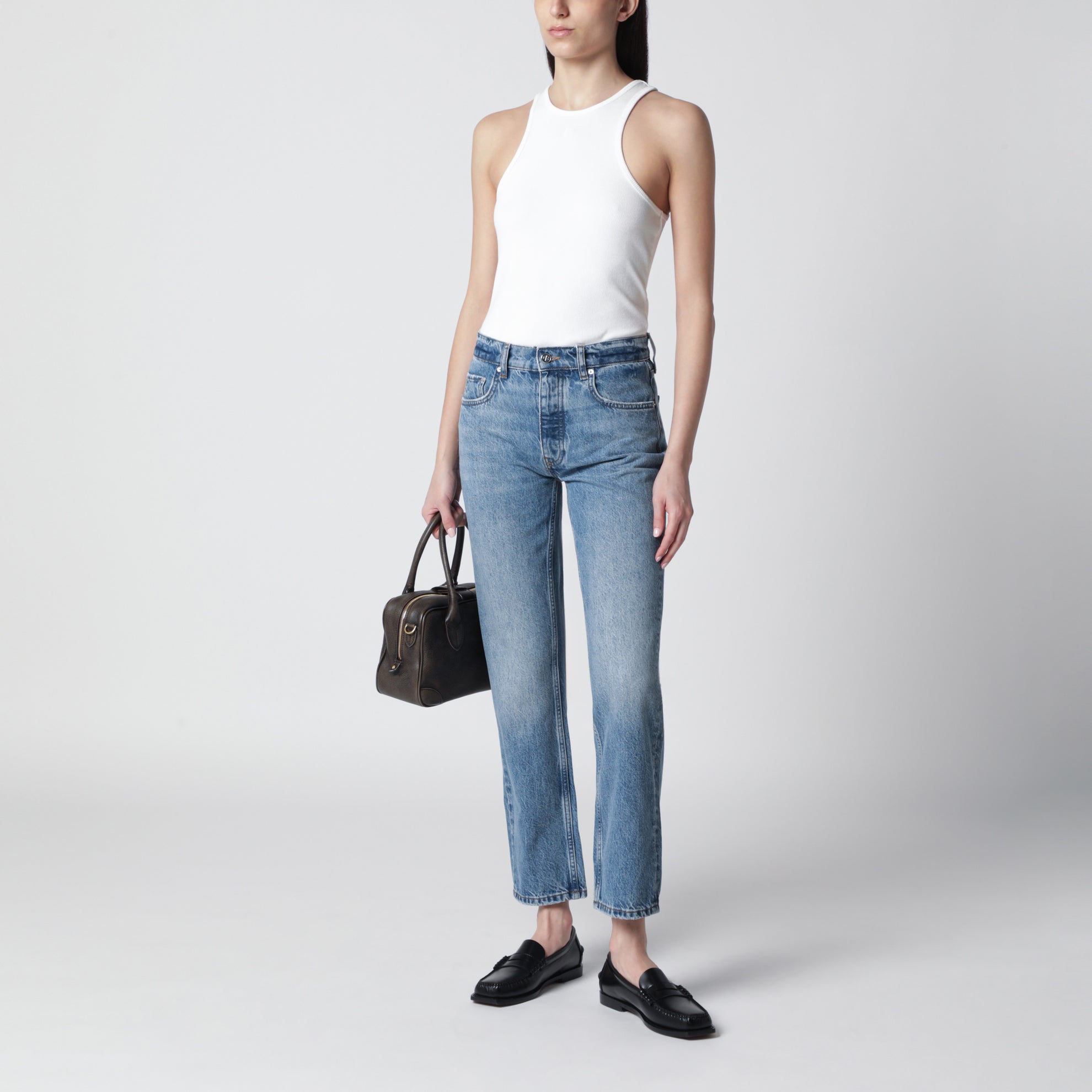 Cream ribbed tank top with logo embroidery