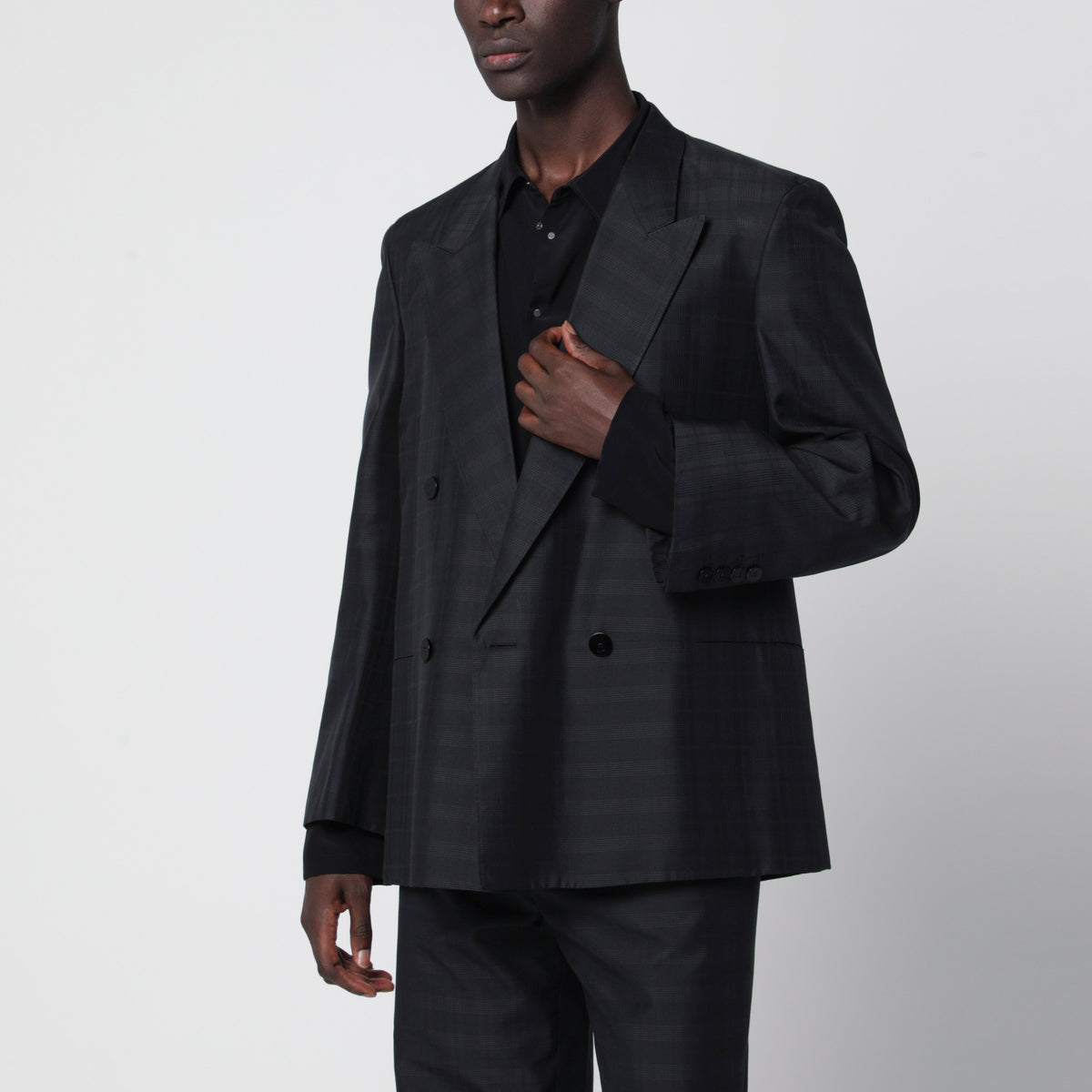 Black and grey double-breasted silk jacket