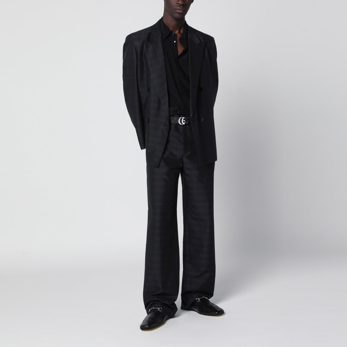 Black and grey double-breasted silk jacket