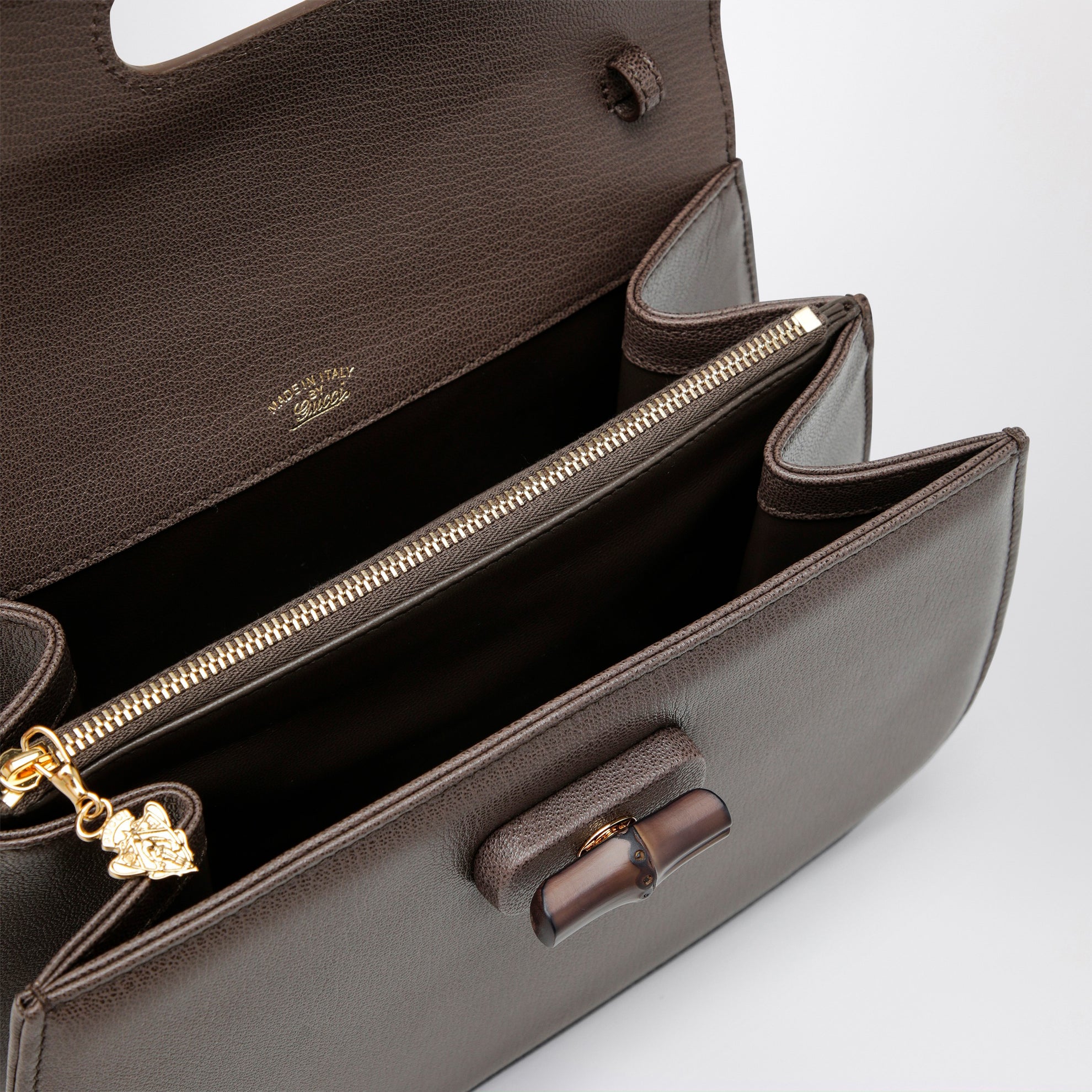Small shoulder bag in dark taupe leather with bamboo closure
