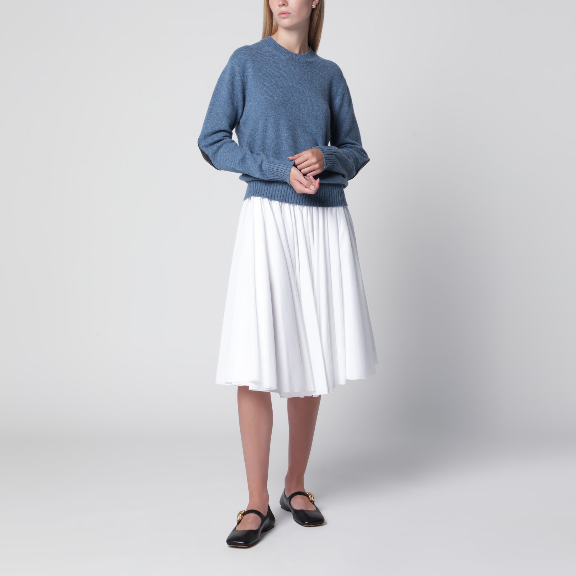 Kaschmirpullover in Denimblau mit Intrecciato-Einsätzen
