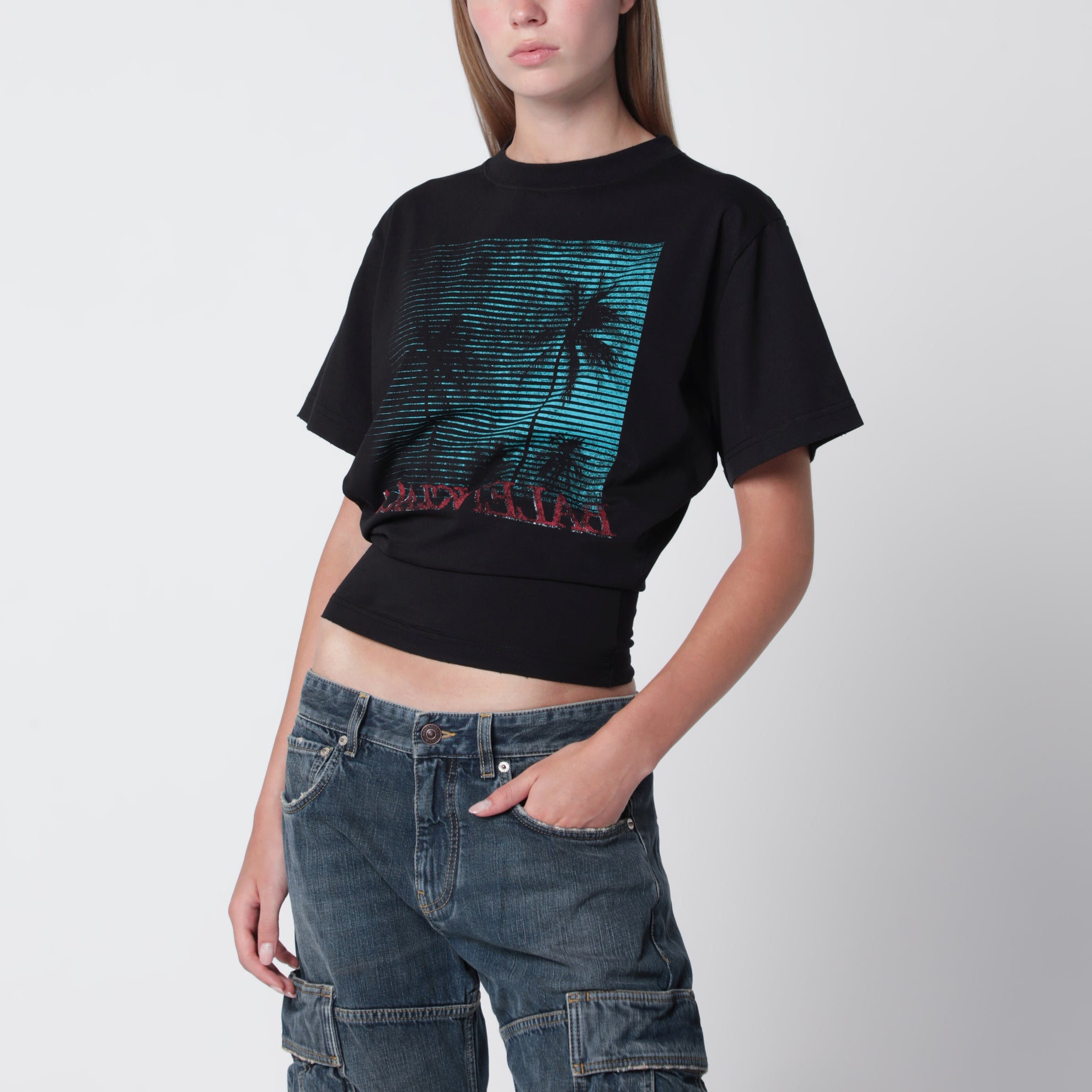 Schwarzes Cropped-T-Shirt mit Logo-Print