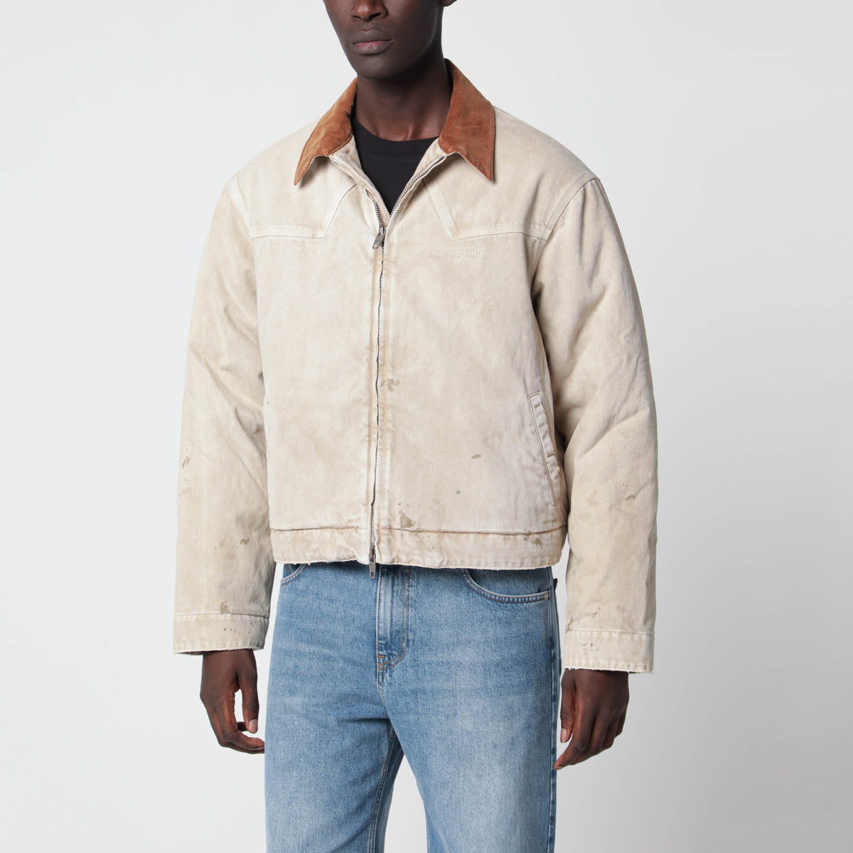 Beige vintage-effect cotton zip-up jacket