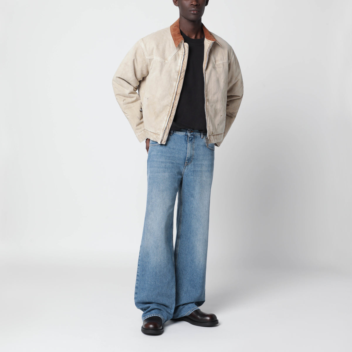 Beige vintage-effect cotton zip-up jacket