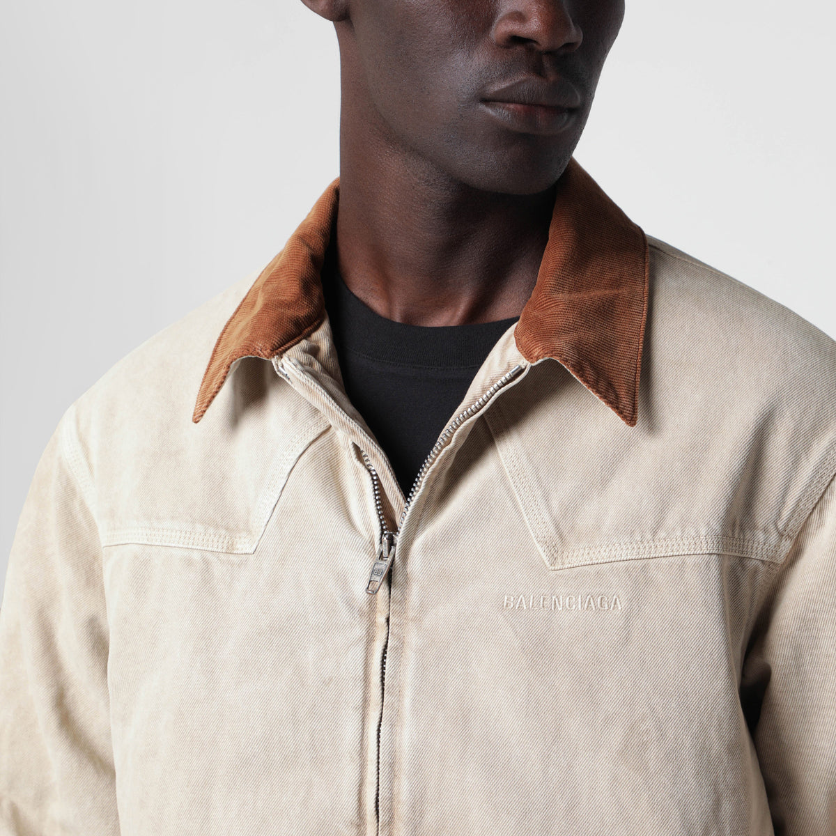 Beige vintage-effect cotton zip-up jacket